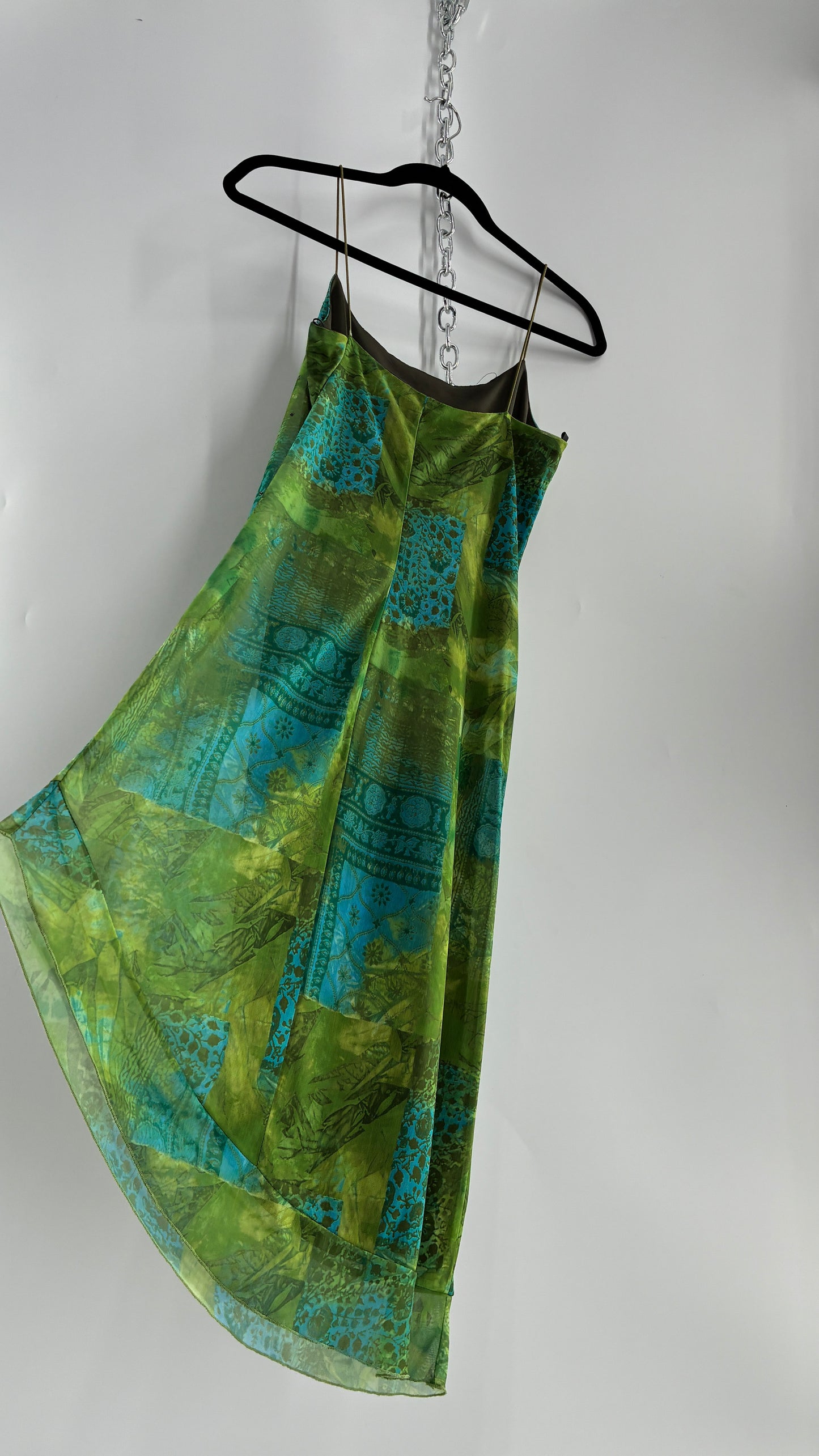 Vintage BYER TOO! CALIFORNIA Green and Blue Patchwork Patterned Midi Dress with Glitter Details and Slanted Cut (Medium)
