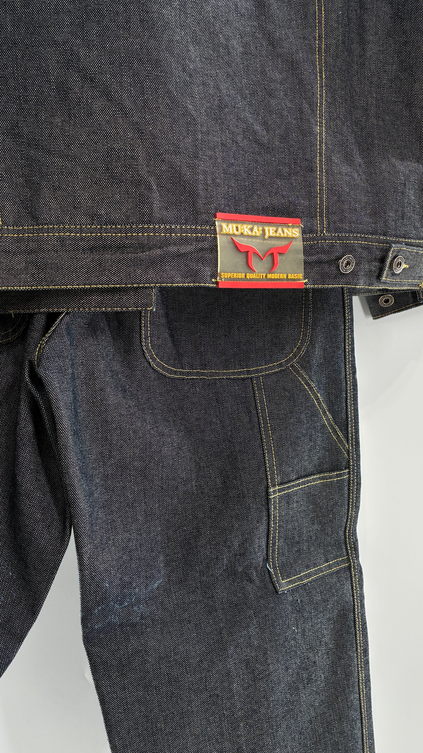 Vintage 1990s MU:KA: JEANS Men’s Dark Wash Japanese Style Denim Baggy Straight Legs and Oversized Jacket Set (L, 32x32)