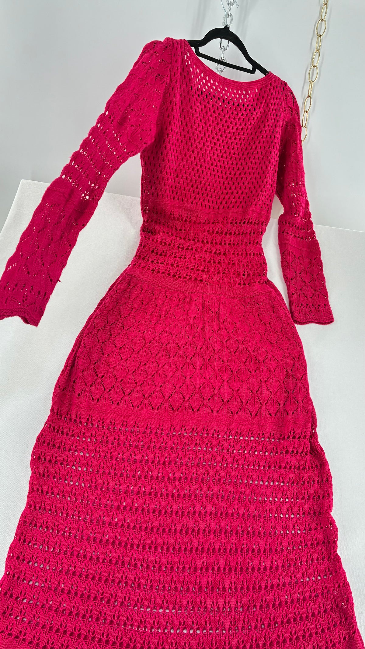 Imported Vintage AQUAMAR Hot Pink Crochet Full Length Dress with Waist Definition  (M)