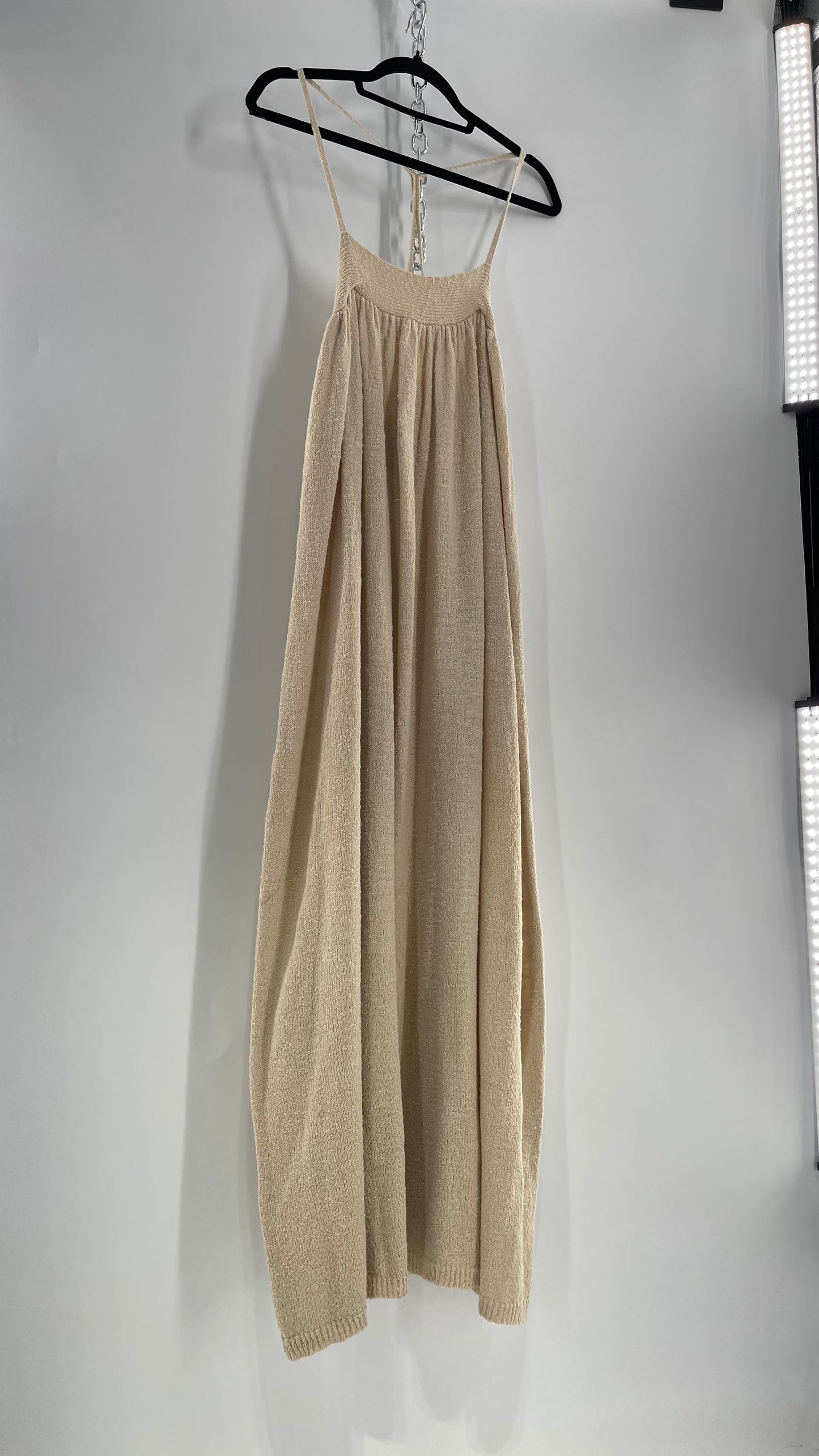 Free People Beach Beige Slinky Halter Textured Maxi Dress