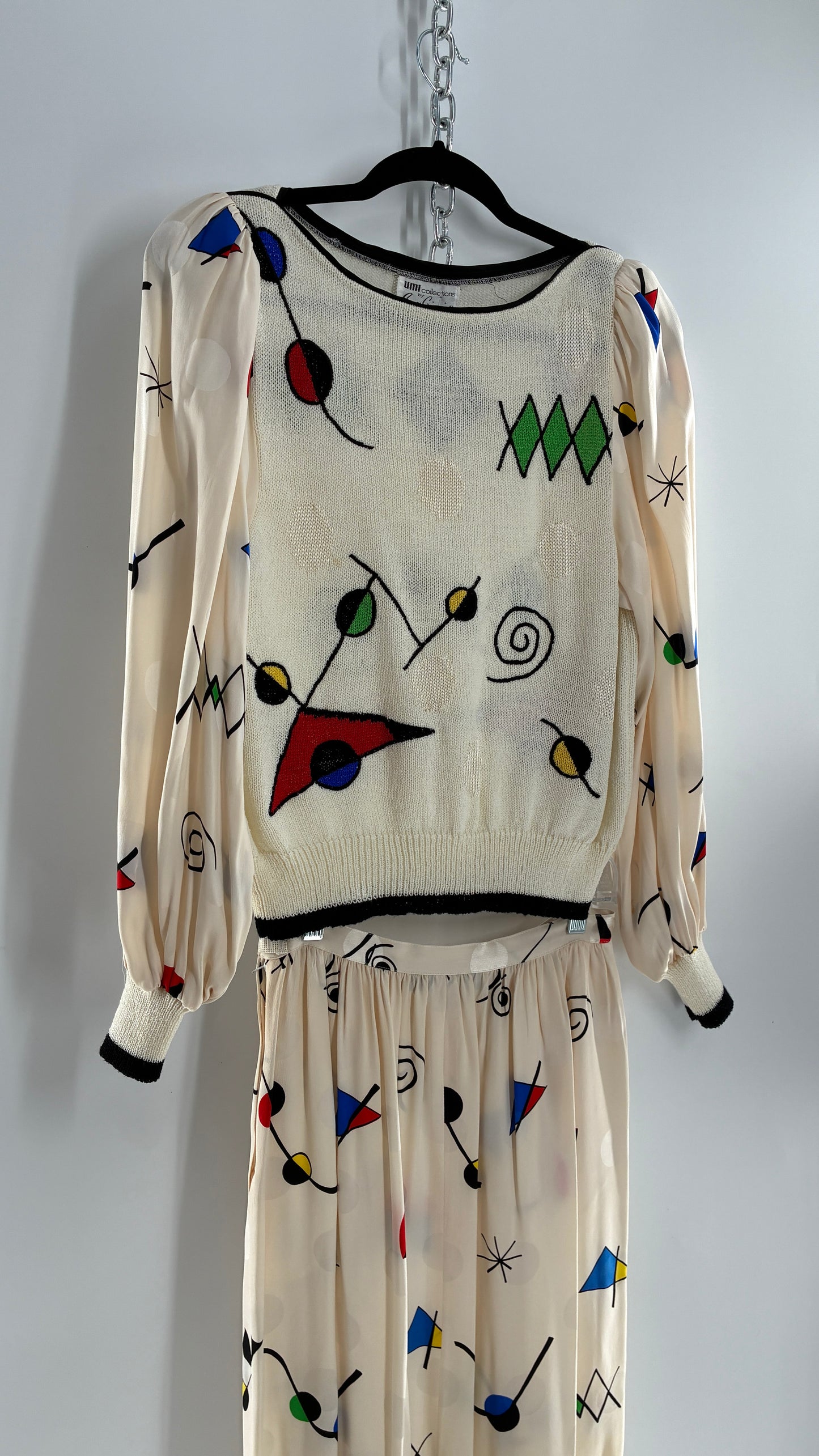 Vintage 1980s UMI collections by Anne Crimmins Off White 2 Piece Set with Abstract Embroidered Designs and 100% Silk Polka Dot Print Skirt (Medium Sweater, 8 Skirt)