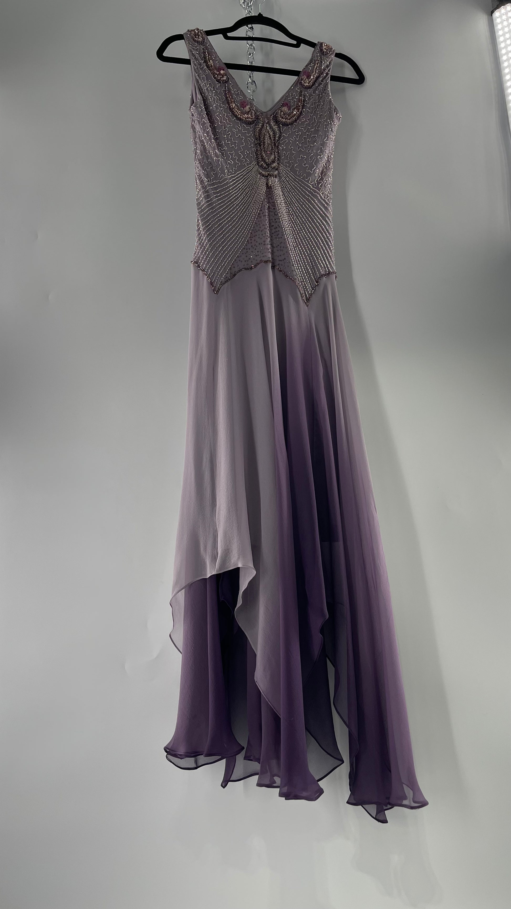 Terani Couture Silk Ombr Lilac Purple Gown with Multi Shade Handkerch The Thrifty Hippy Terani Couture Silk Ombr Lilac Purple Gown with Multi Shade Handkerch The Thrifty Hippy