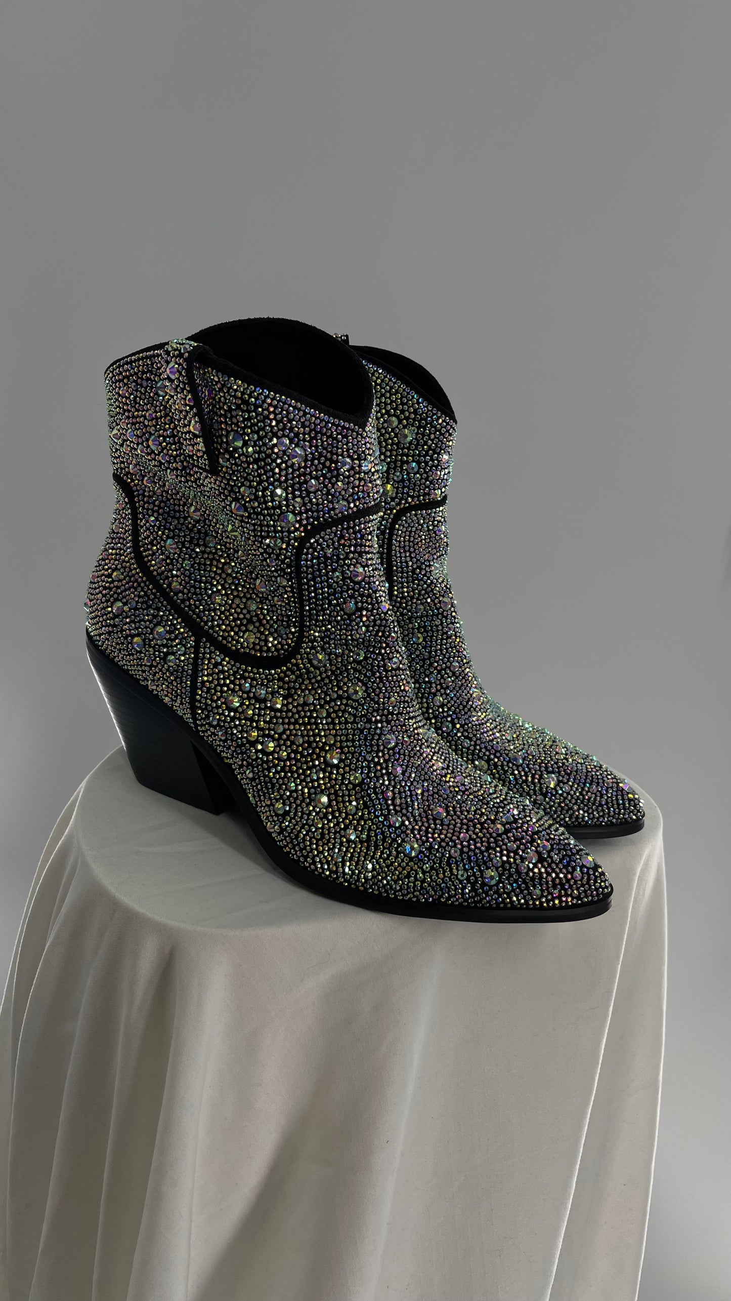 Black Iridescent All Over Rhinestone Cowboy Boots