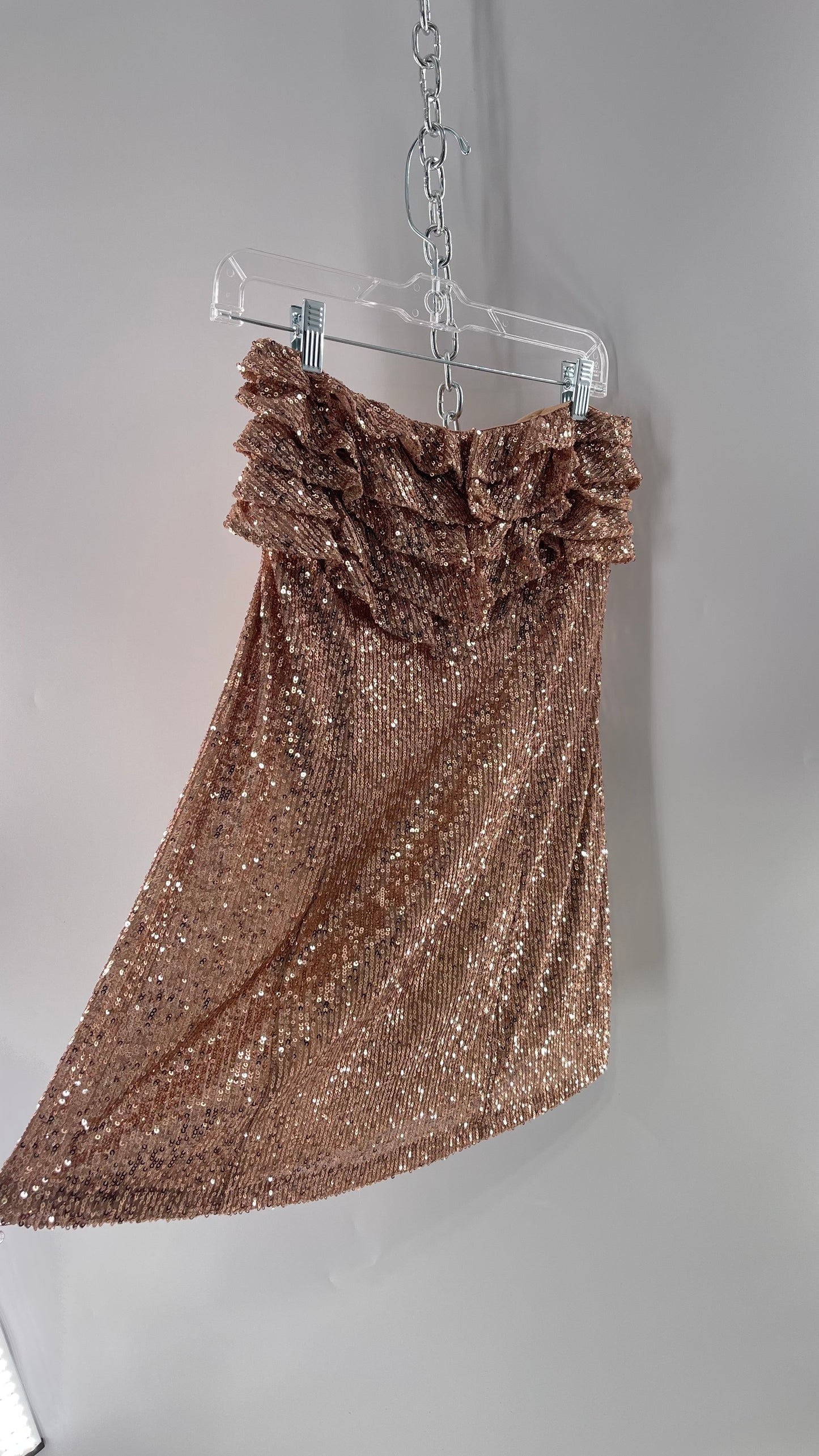 Free People Rose Gold Sequin Mini Dress with Ruffled Bust and Statement Back Zipper (4)