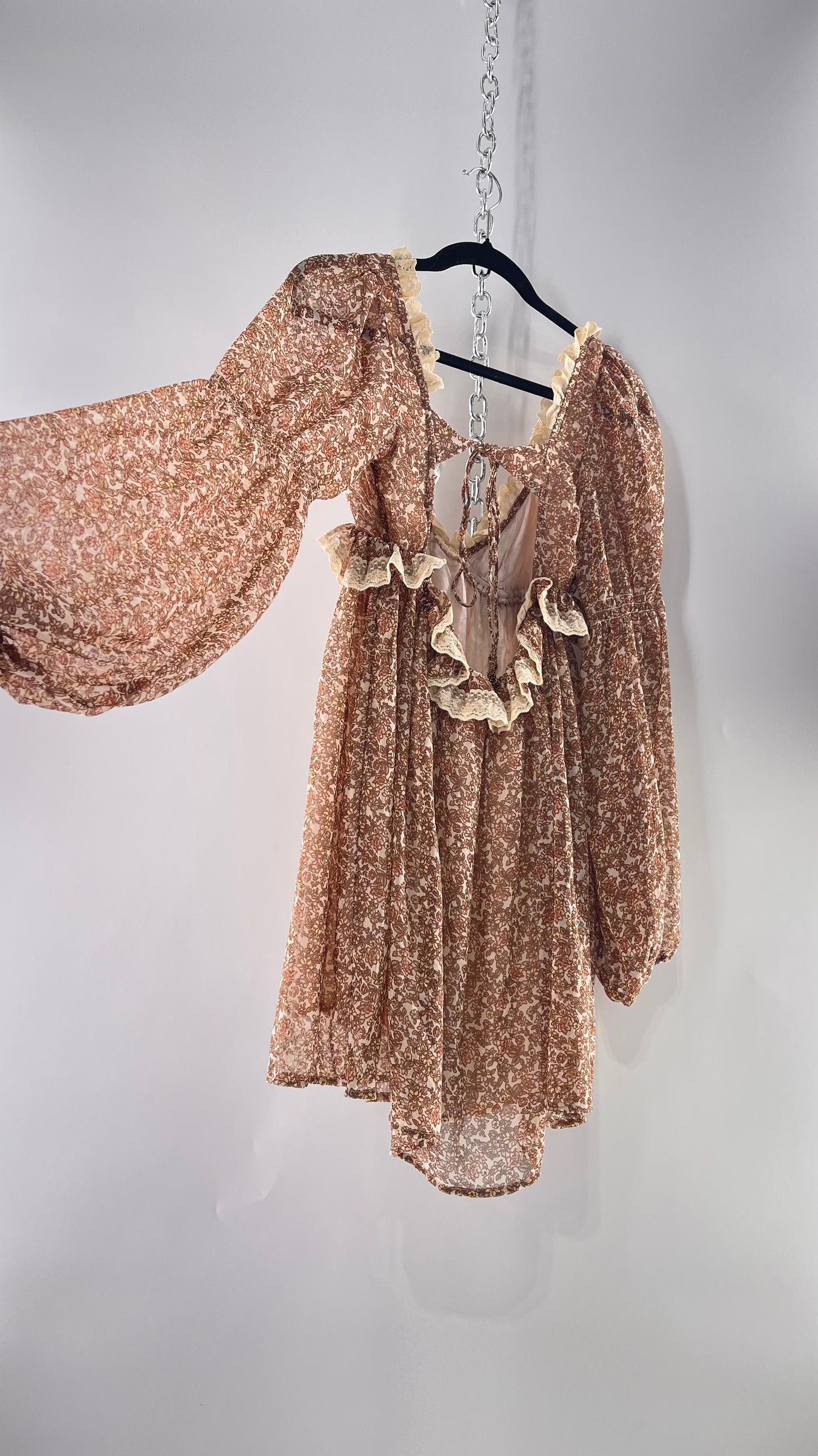 Free People Brown Floral Mini Dress with Beige Lace Lining and Puffy Balloon Sleeves (XS)