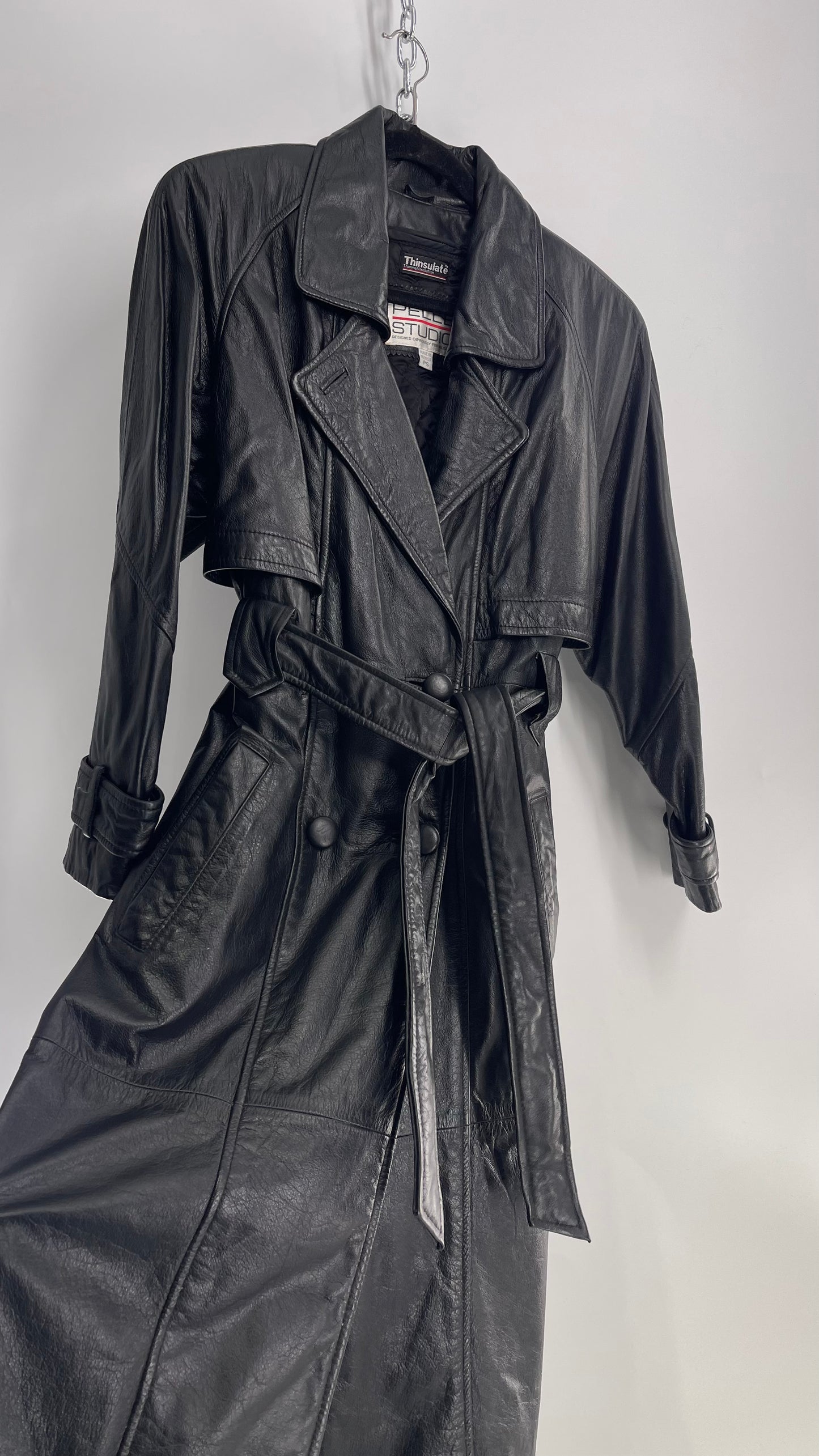 Vintage PELLE STUDIO Thinsulate Black Leather Trench with Removable Lining (Small)