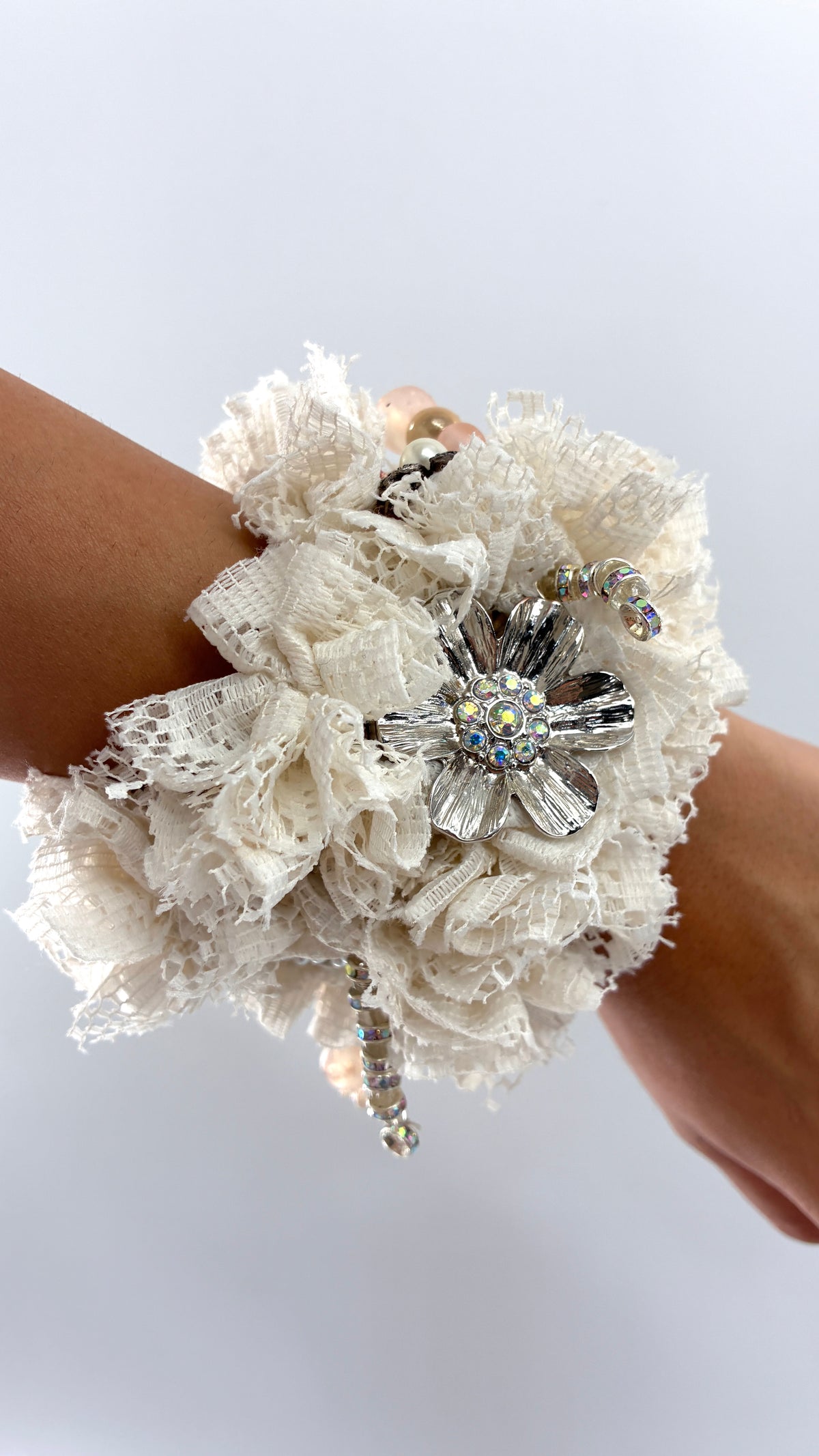 Handmade Oversized Ivory Lace Rosette & Jeweled Charm Statement Cuff