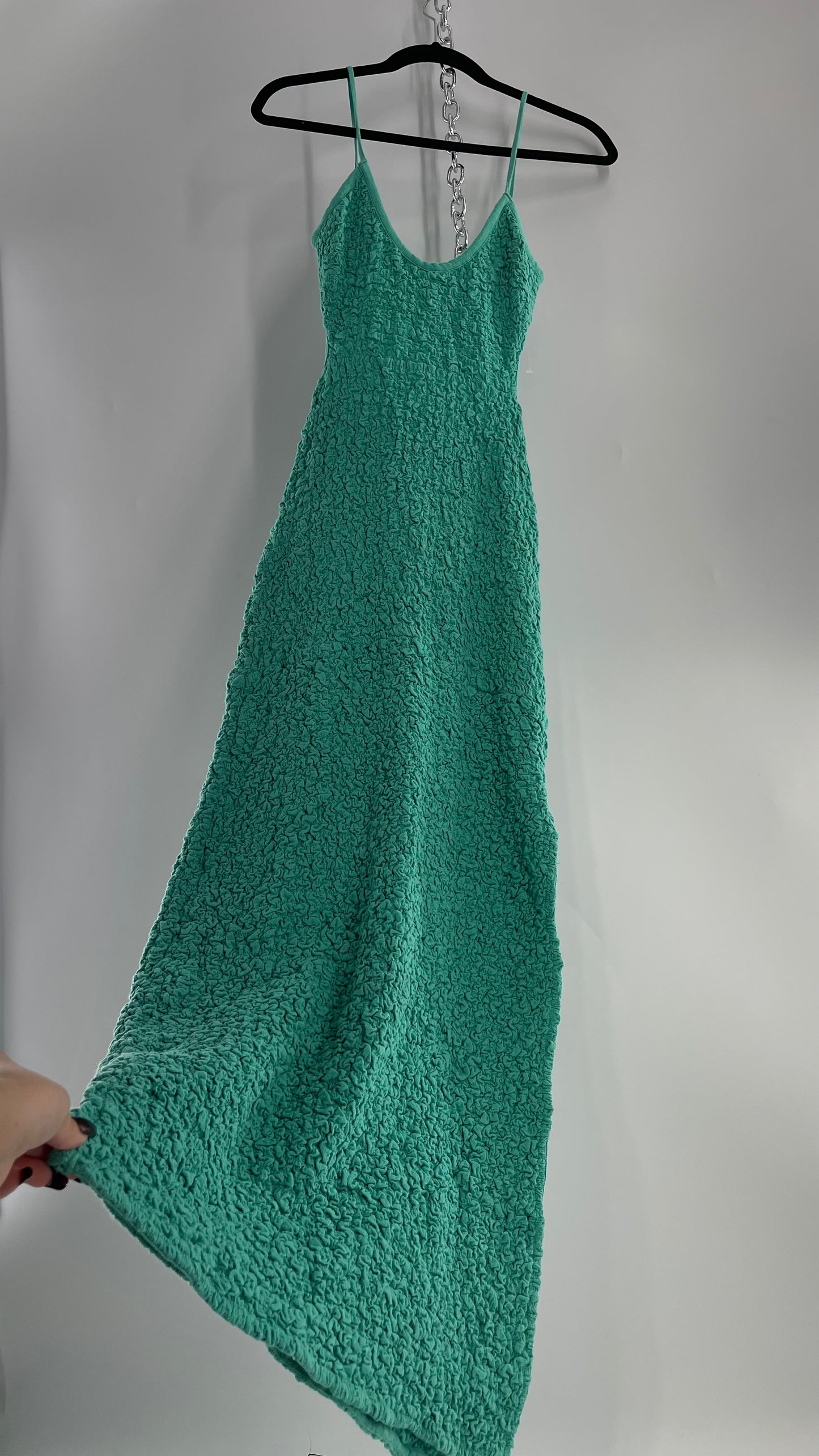 Free People Kelly Green Popcorn Maxi Dress with Low, Open Back Detail (XS)