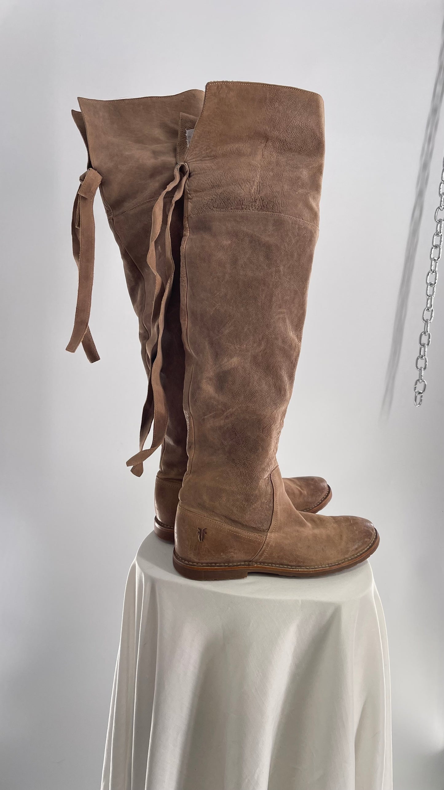 Frye Taupe Leather Over the Knee Fold Over Celia Boots (8)