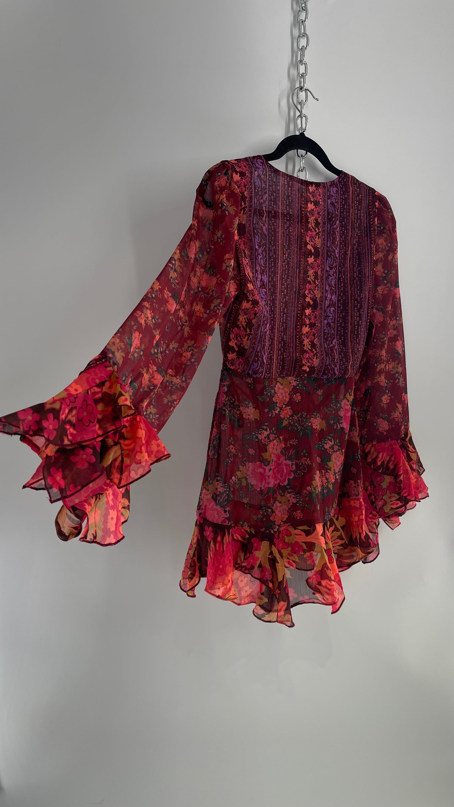 Free People Maroon/Burgundy Red Floral Tie Front Blouse with Ruffled Sleeves and Hem (Small)