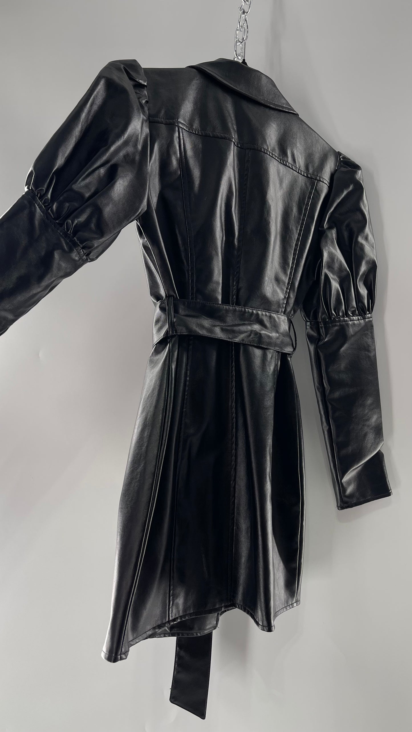 NASTYGAL Black Patent Pleather Puff Shoulder Belted Trench Coat (C)(6)