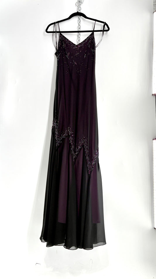 Vintage XSCAPE Full Length Black Beaded Gown with Purple Underlay (4)