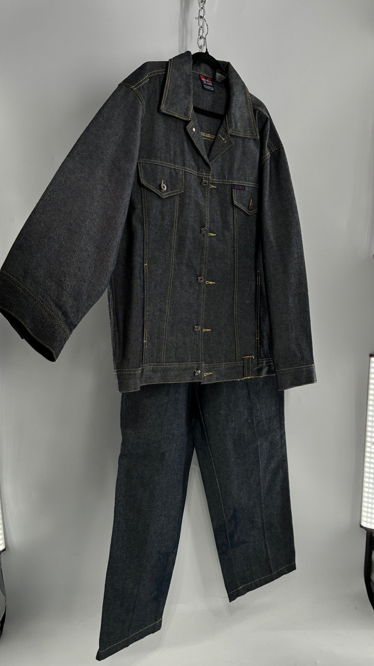 Vintage 1990s MU:KA: JEANS Men’s Dark Wash Japanese Style Denim Baggy Straight Legs and Oversized Jacket Set (L, 32x32)