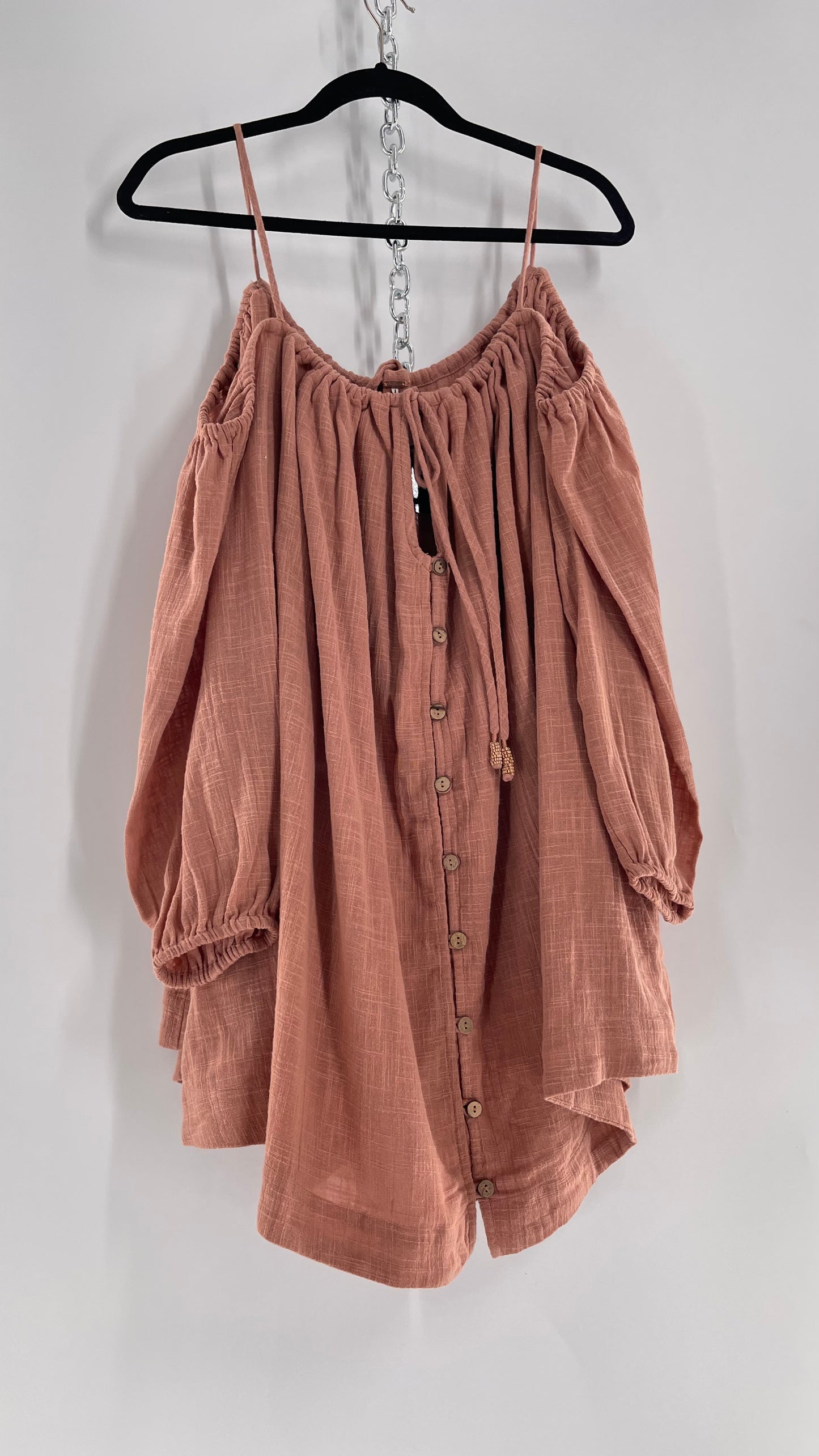 Free People Cotton Blush Pink Button Front Cold Shoulder Dress (Medium)