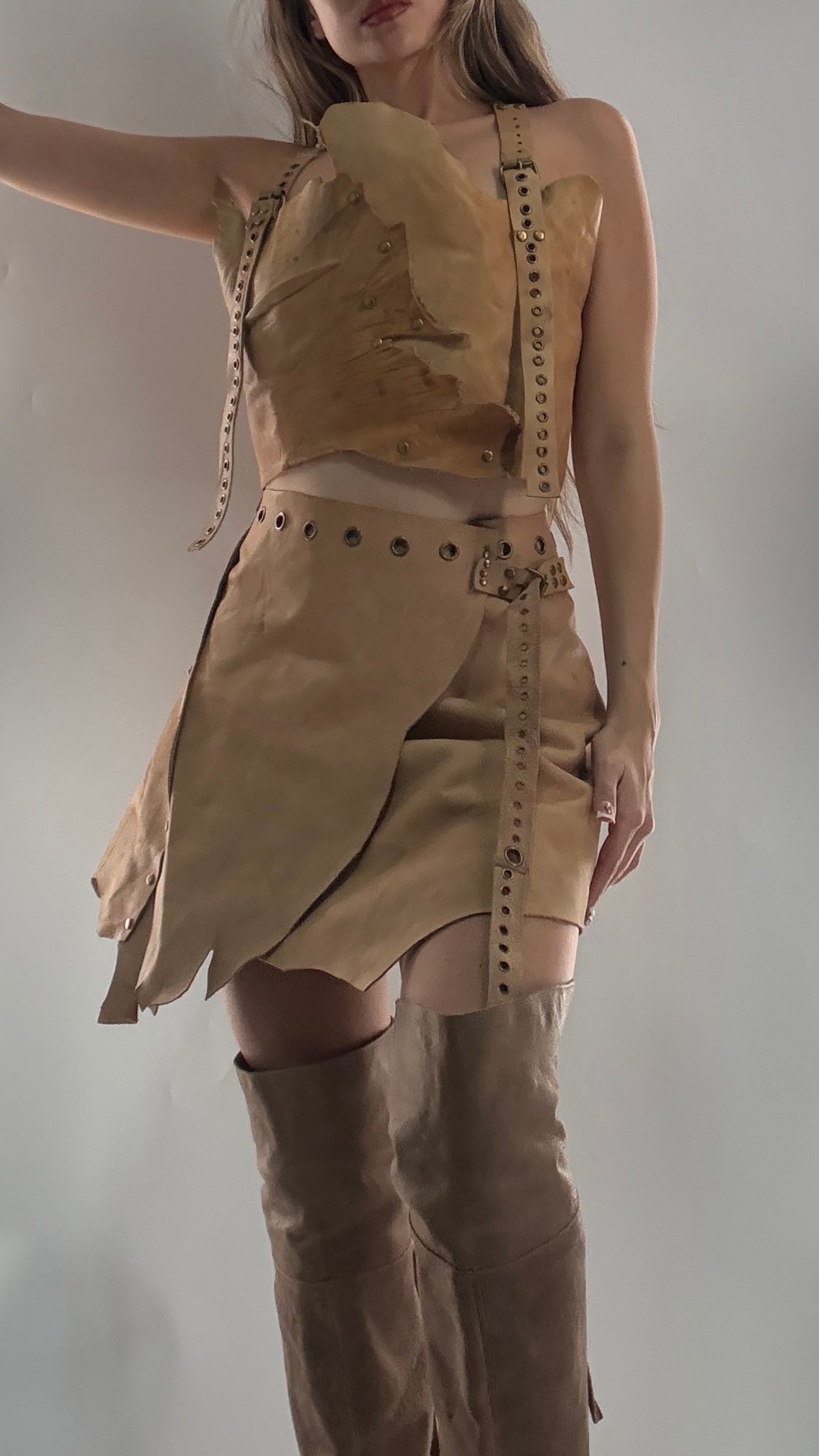 CUSTOM Handmade Rugged and Reversible Distressed Leather Two Piece Set with Grommet Waistband (XS-XL)