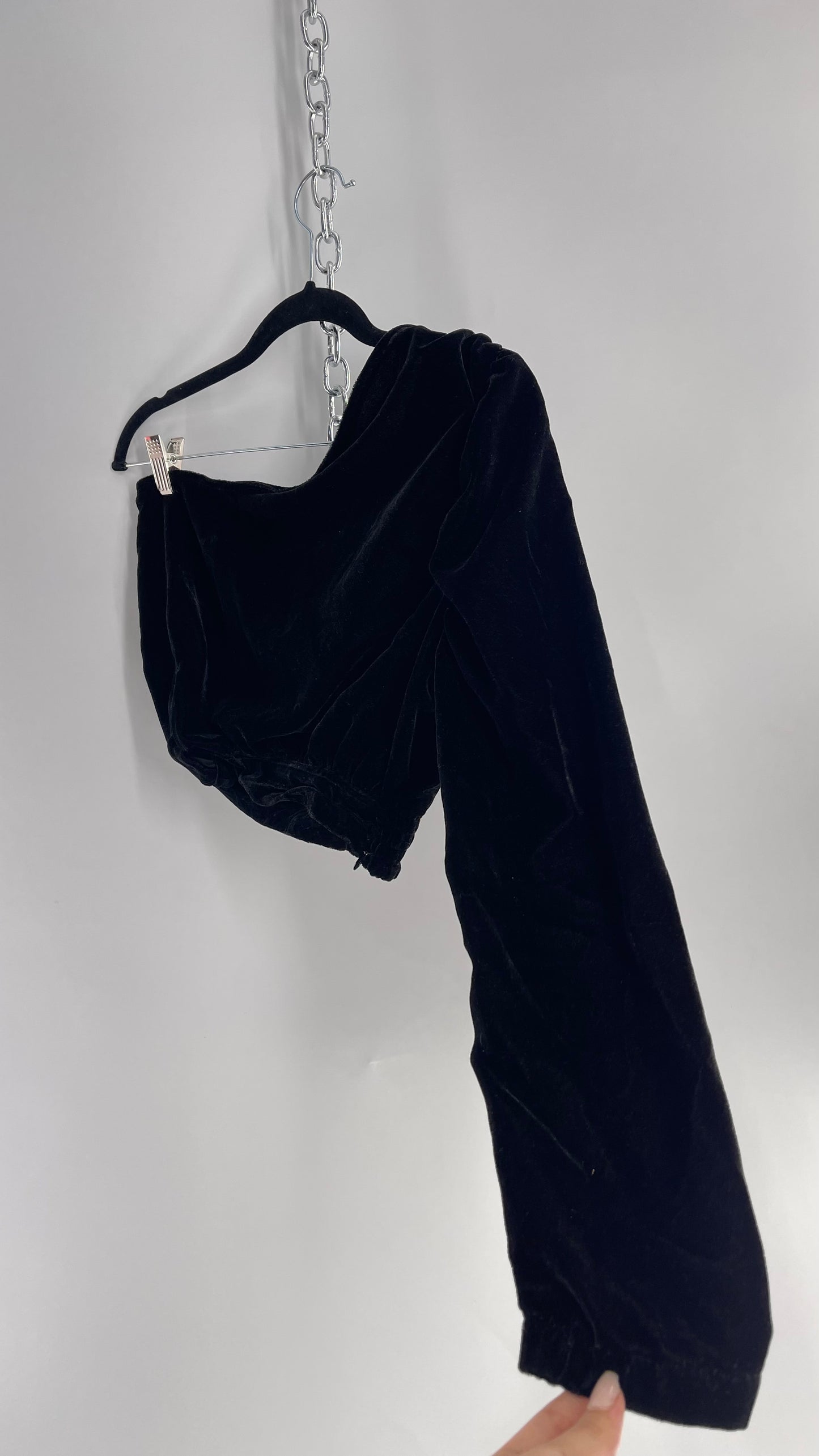 Free People Black Velvet Single Long Sleeve with Ruched Waistline (Small)