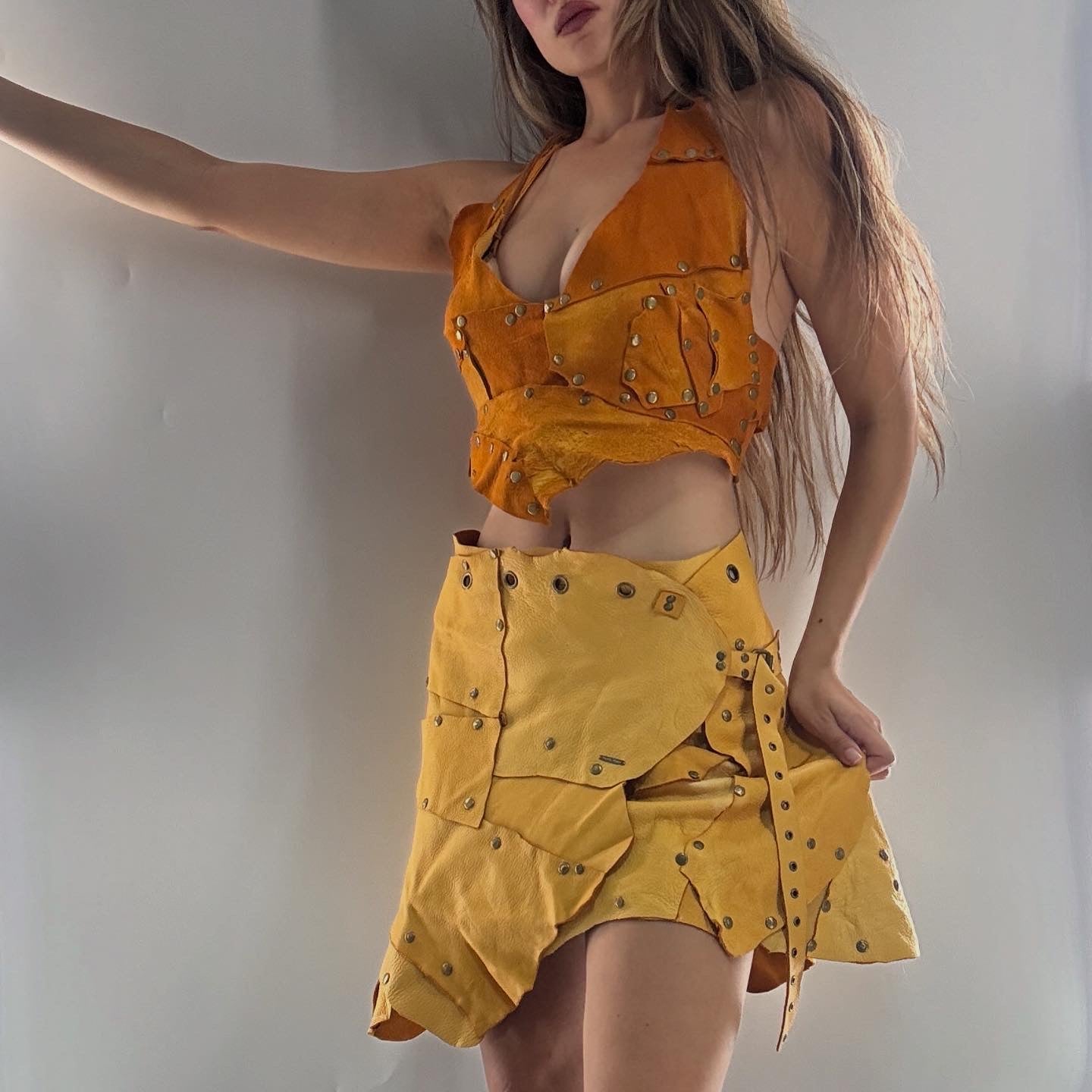 Handmade 1 of 1 and Pressed Genuine Suede and Pebbled Leather Reversible Corset Top and Grommet Skirt Set (XS-M)