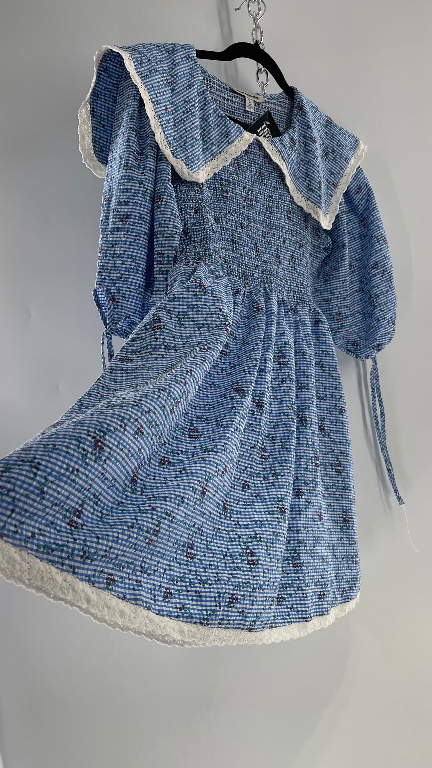 Urban Outfitters Blue Gingham Babydoll Dress with Lace Trim Collar and Smocked Bodice (Medium)