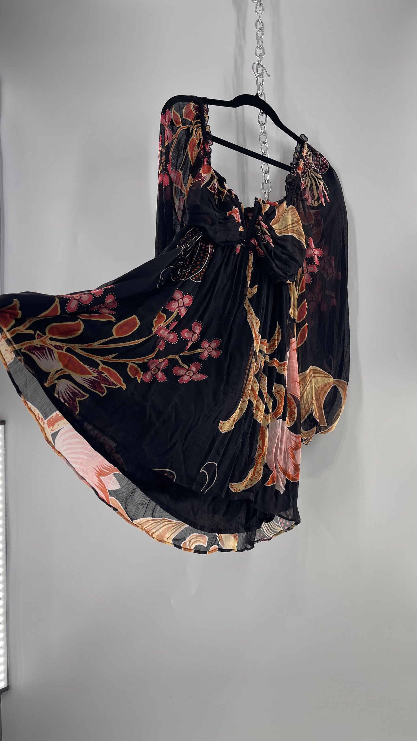 Anthropologie Let Me Be Crimped Black Chiffon Pink Floral Patterned l Dress with Tie/Open Back Detail and Tags Attached (Small)