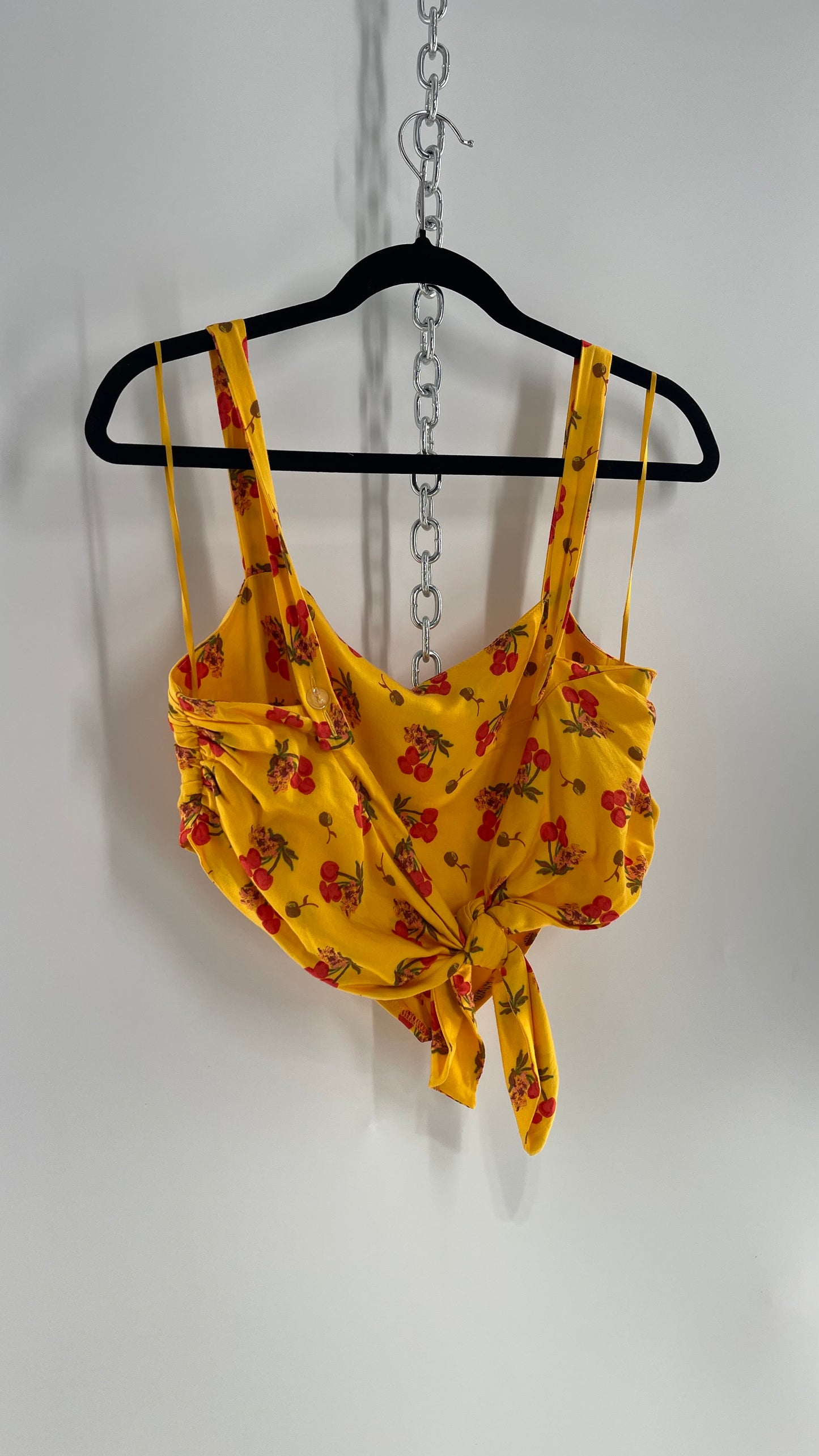 Urban Outfitters Yellow Cherry Printed Crop with Tie Back (Large)