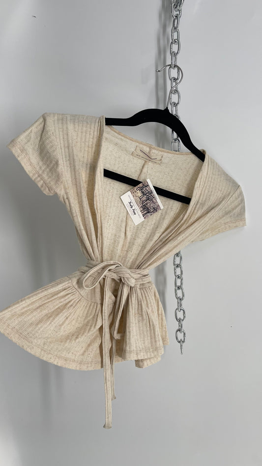 Urban Outfitters Oatmeal Beige Peplum Top with Waist Snatching Ties (XS)