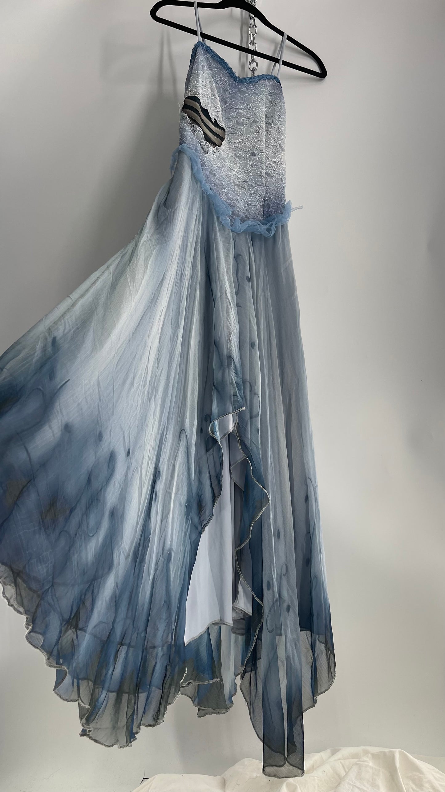 Vintage Muted Blue Corpse Bride Style Gown with Tulle, Embroidery and Ombré