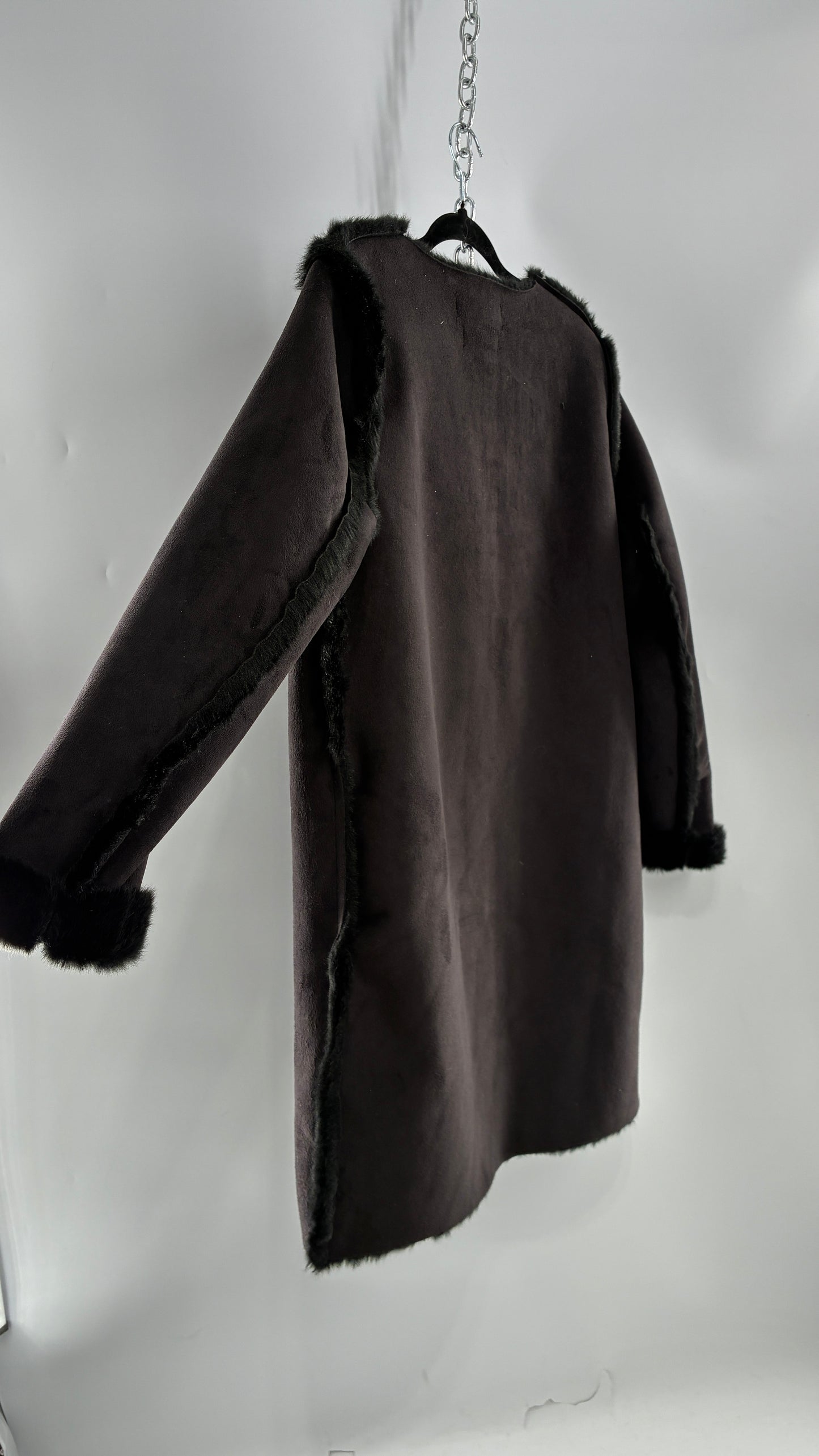 Vintage H&M Black Faux Suede Coat with Faux Fur Piping (12)