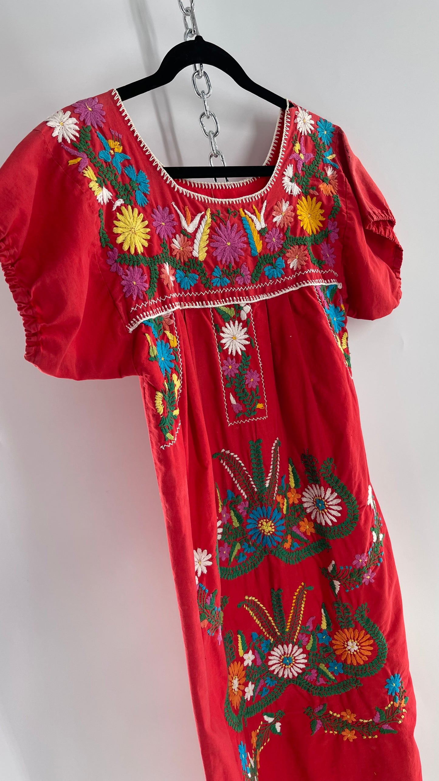 Vintage 1970s Red Cotton Dress with Hand Embroidered Florals Imported from Mexico (Small)