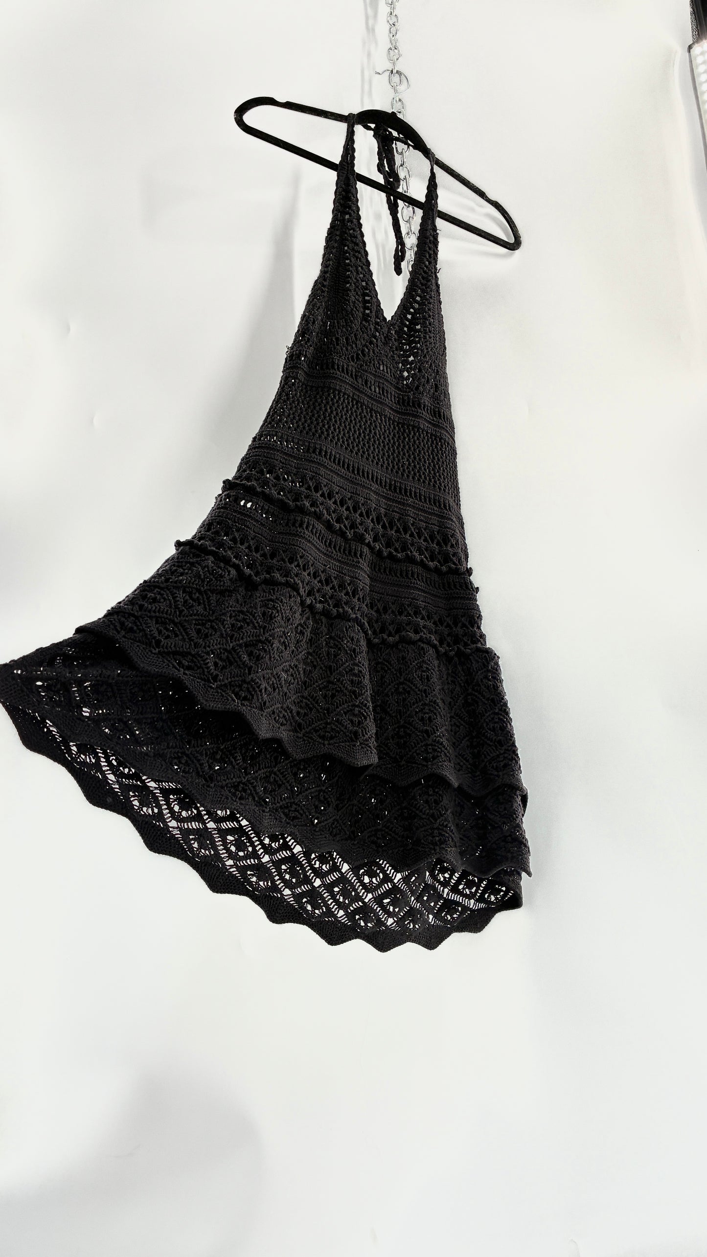 Vintage MODA INTERNATIONAL Black 100% Cotton Crochet Mini Halter Dress with Ruffled Skirt (Medium)