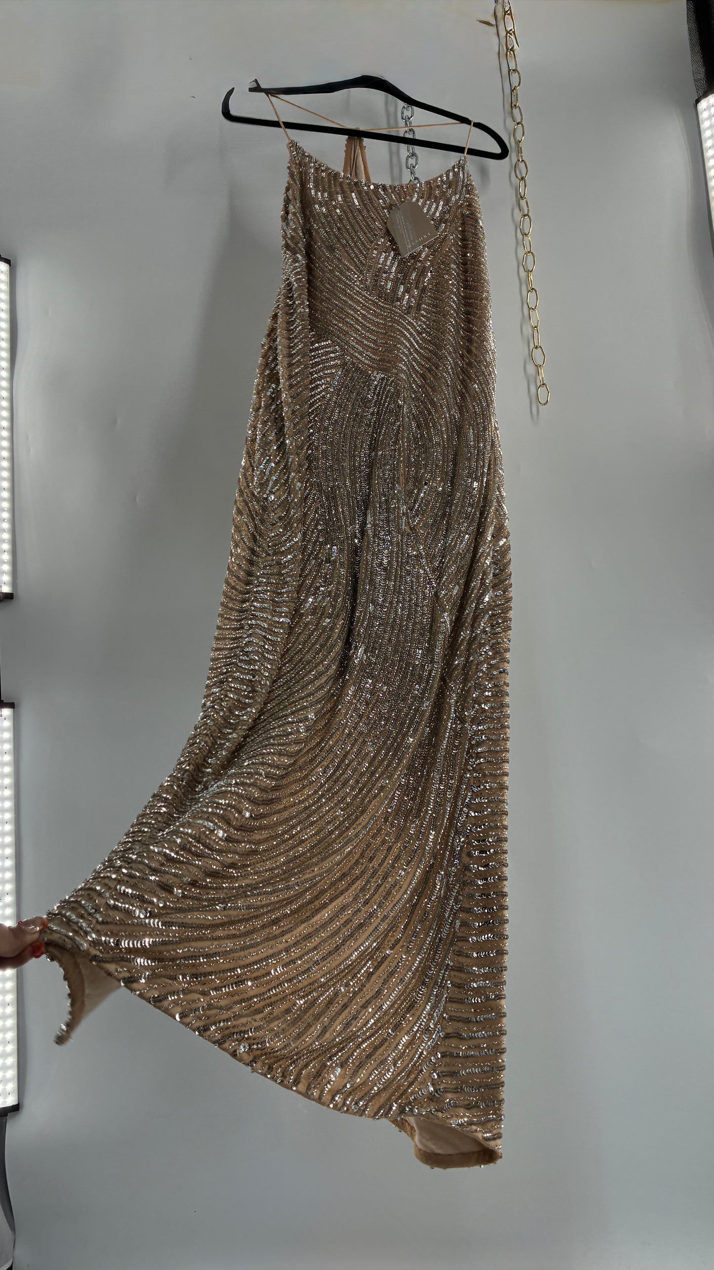 MESHKI Tierra Nude Full Length Dress with Silver Sequins with Tags Attached (XXXL)