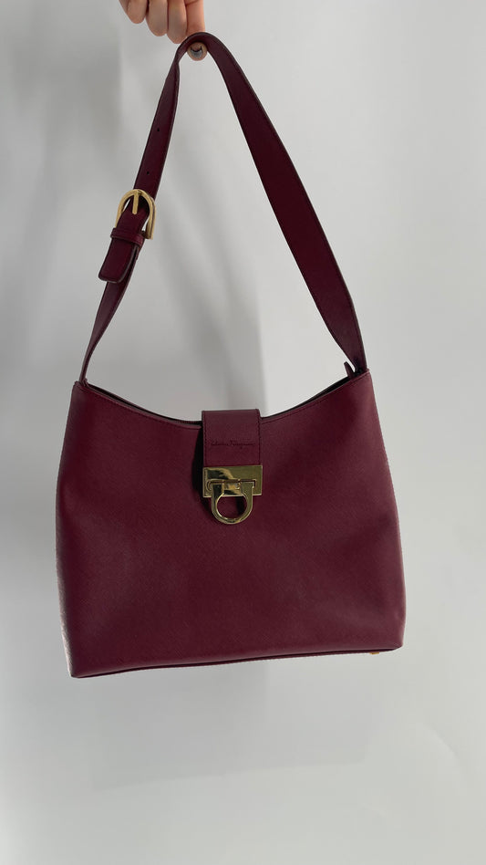 Vintage Salvatore Ferragamo Maroon Red Pocketbook Bag with Gold Hardware