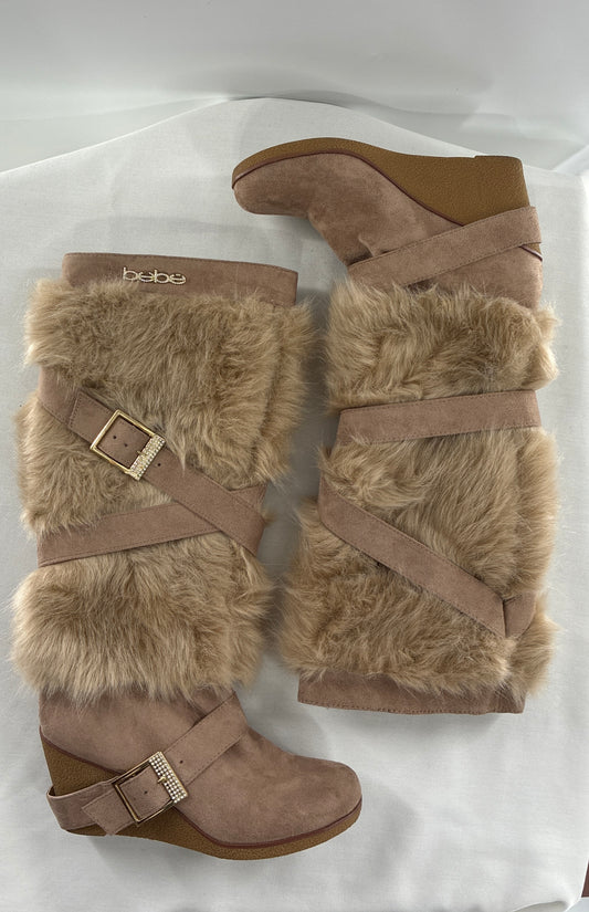Vintage BEBE Wedge Heel Knee High Vegan Fur, Strappy Boots (6)