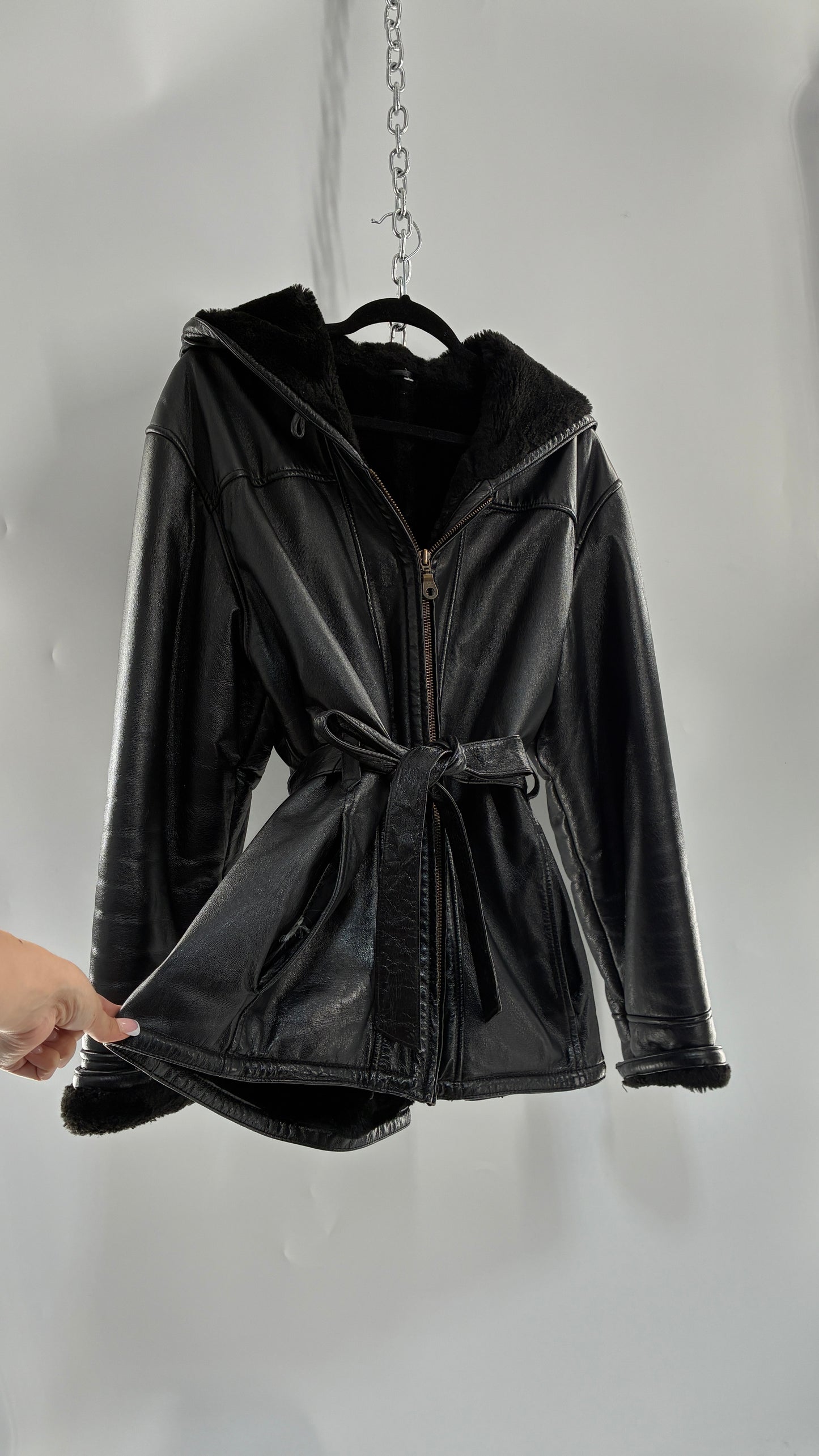Vintage WILSON’S Fur Lined, Genuine Leather Waist Tie Jacket with Hood (Medium)