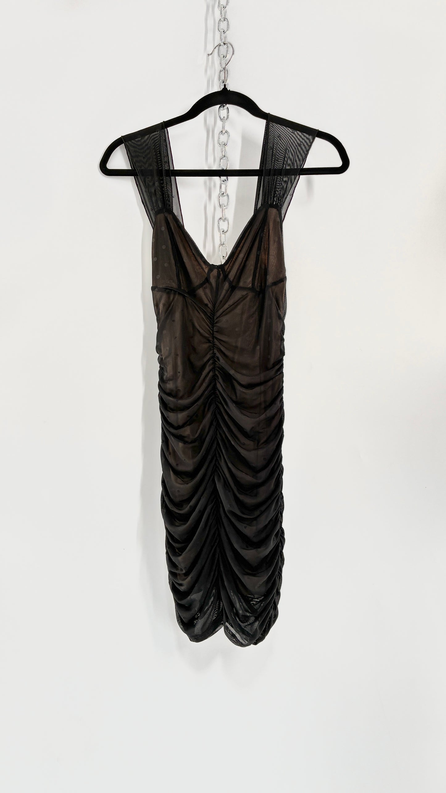 Urban Outfitters Nude Underlay Sheer Black Overlay Polka Dotted and Ruched Bodycon Mini Dress (XS)