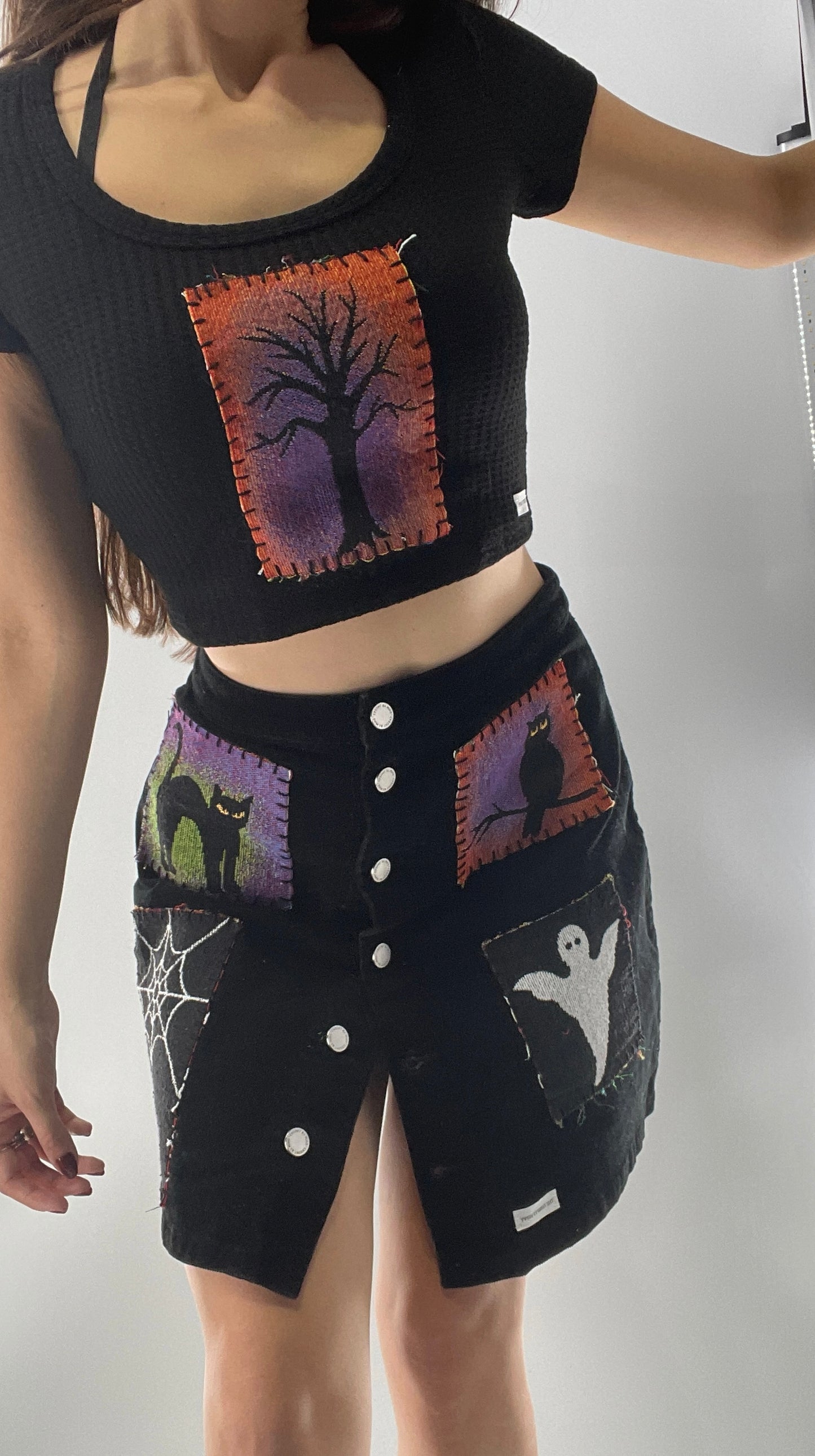 Custom Black Corduroy MNG Skirt with Hand Sewn Halloween Patches (EU M US S)