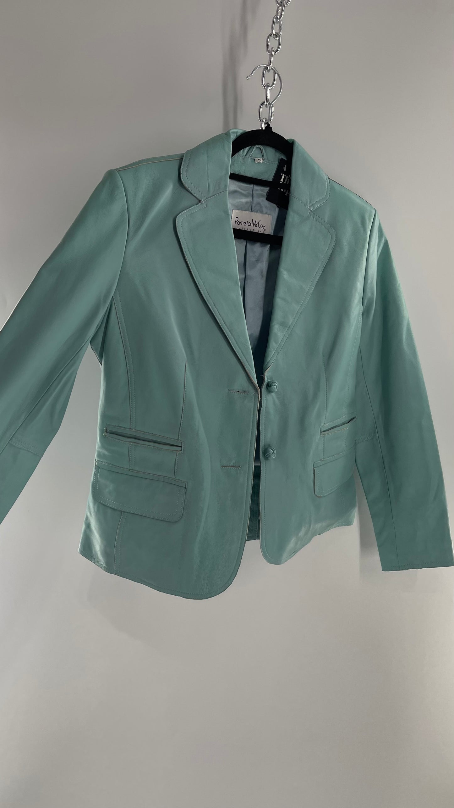 Vintage 1990s Pamela McCoy Eggshell/Tiffany Blue Leather Blazer Jacket (XS)