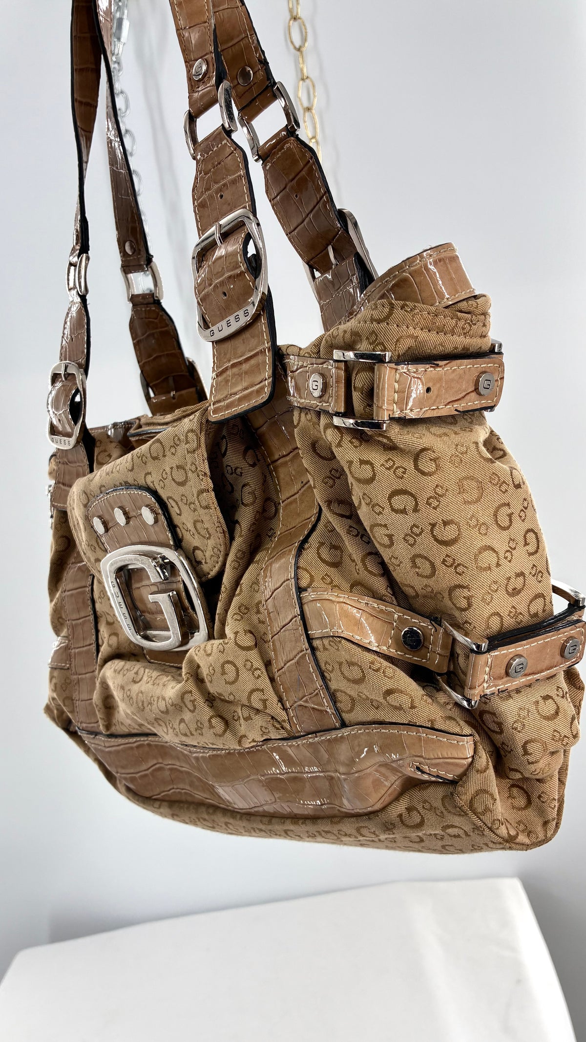Vintage Guess Tan Monogram Shoulder Bag With Croc-Embossed Trim