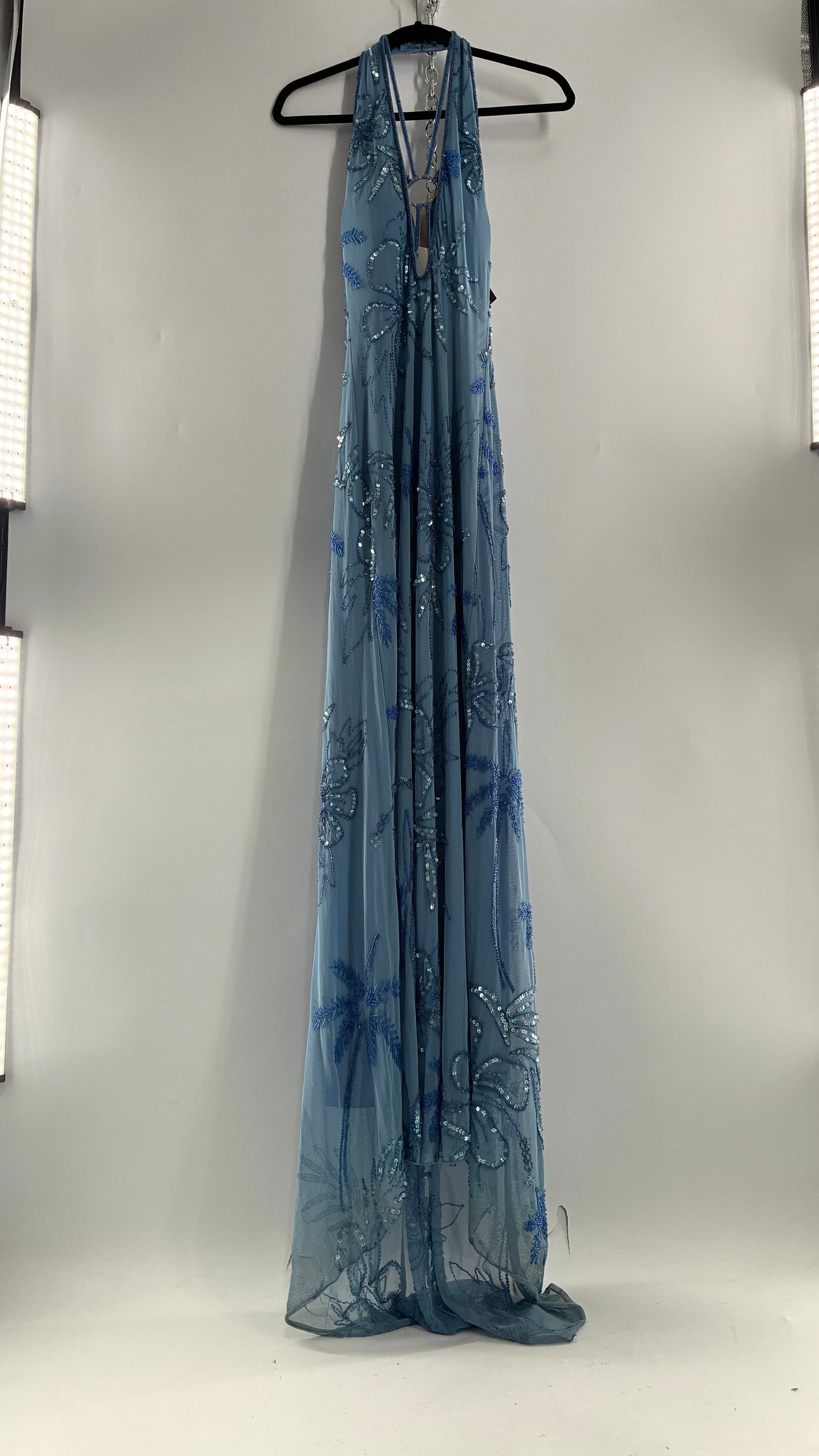 Vintage 1990s Powder Blue Gown Covered in Beaded Appliqué Tropical Designs with Strappy Bust and Low, Open Back (S/M, stretchy no size marked)