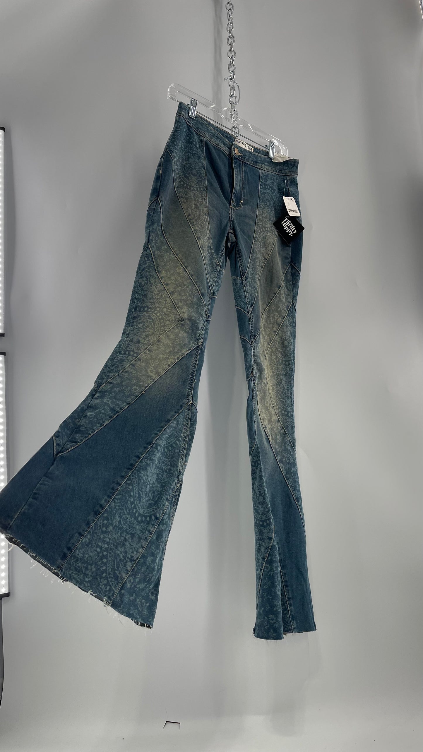 Free People Bell Bottom Kick Flare Paneled Patterned Jeans with Tags Attached (27)