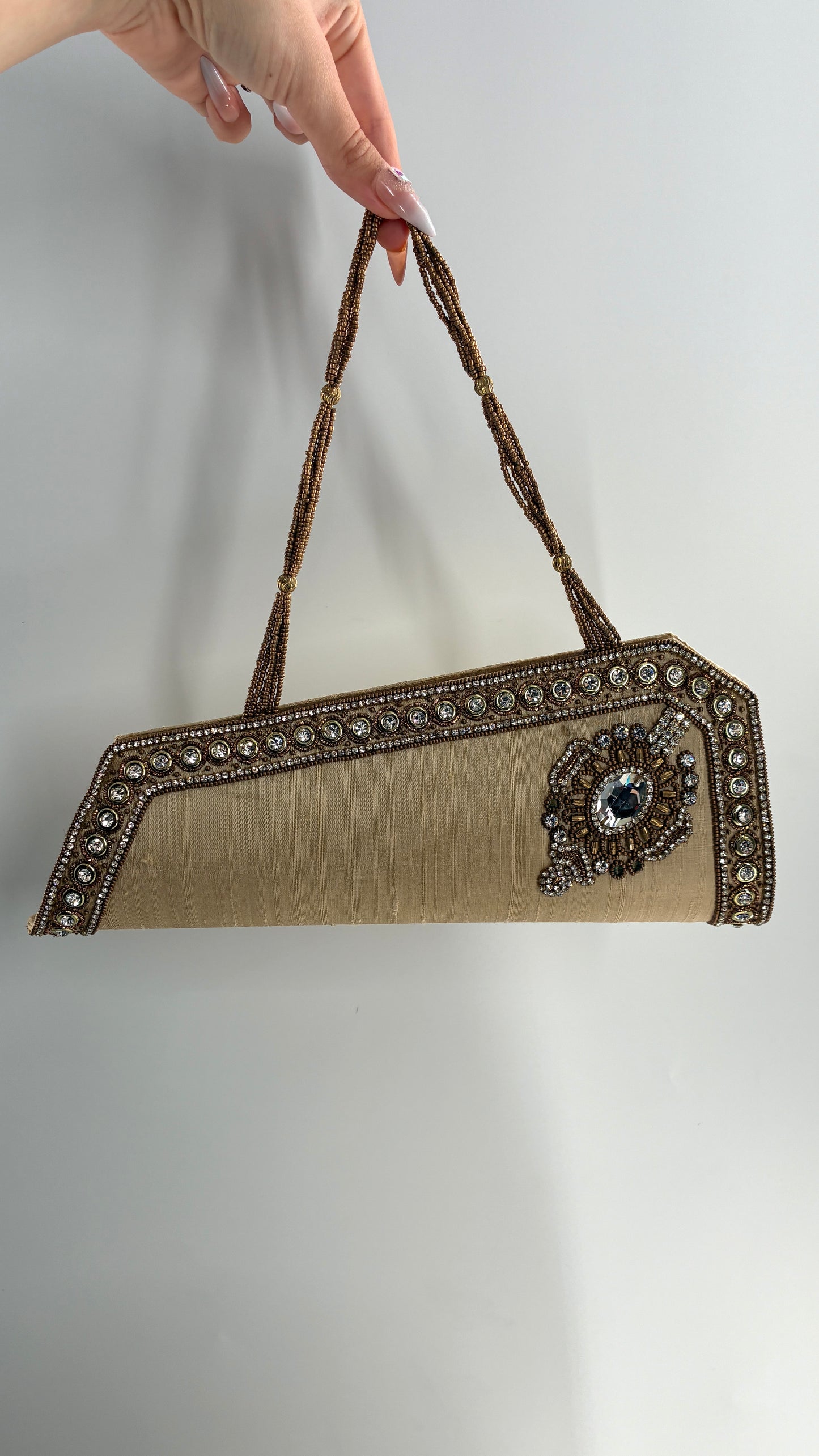 Vintage 1990s Asymmetric Gold Purse with Beading and Rhinestone Detailing