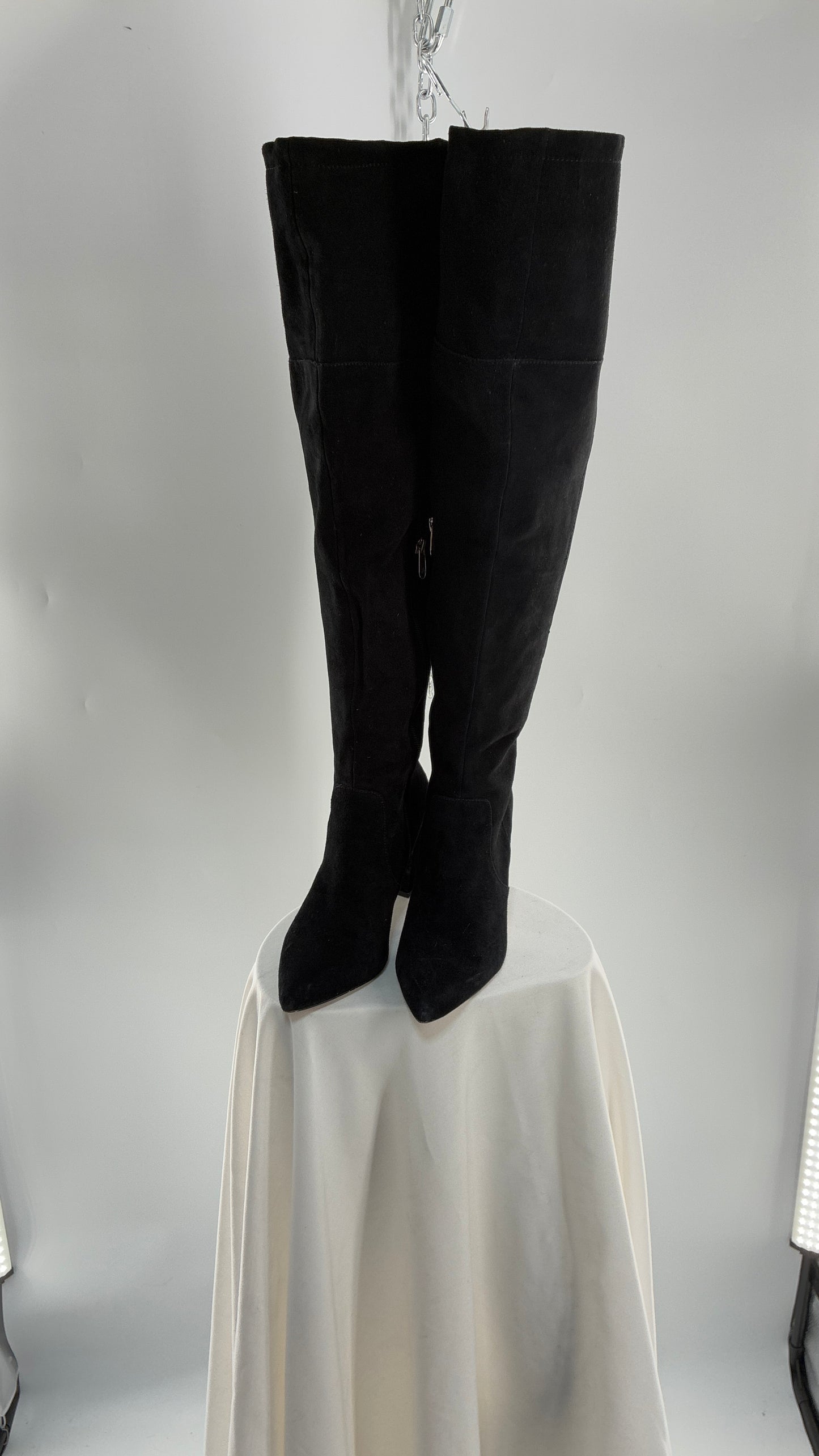 Vintage Black Genuine Suede ADRIENNE VITADINI Thigh High Pointed Toe Boots with Stud Detailing (10)