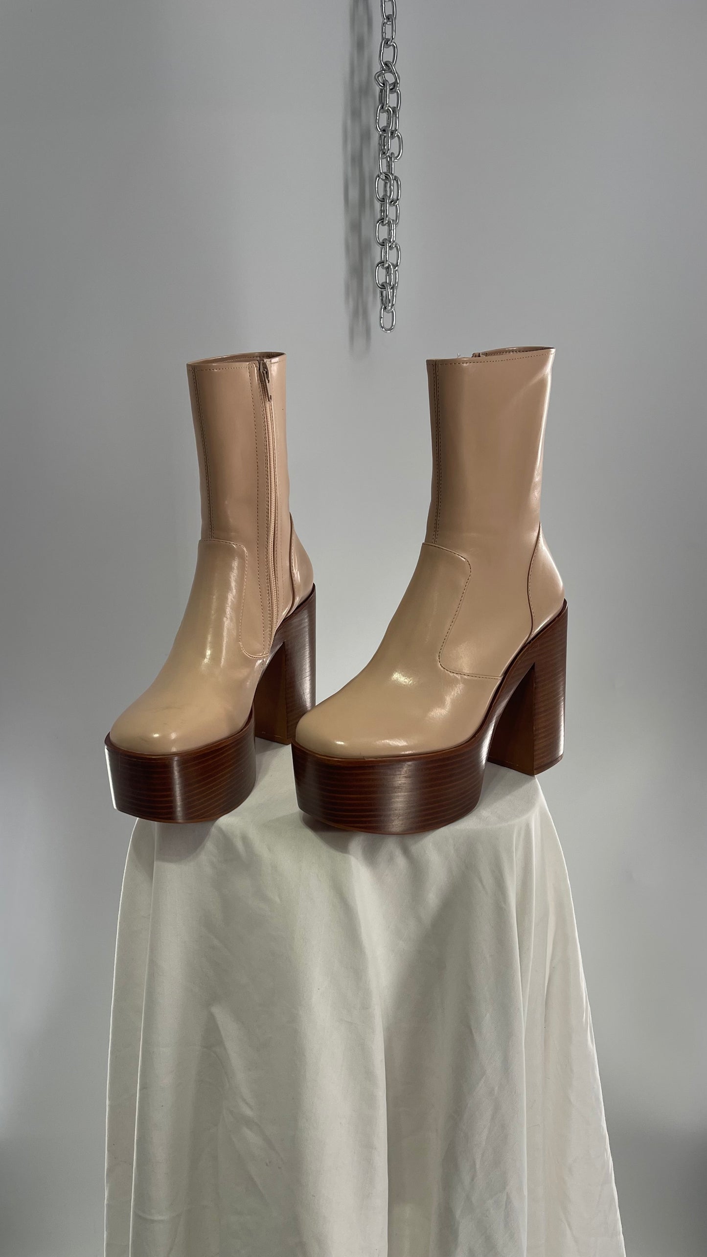 Free People X Jeffrey Campbell Mexique GoGo Boots • Beige Patent Boot with Wood Grain Chunky Block Heel and Platform  (8)