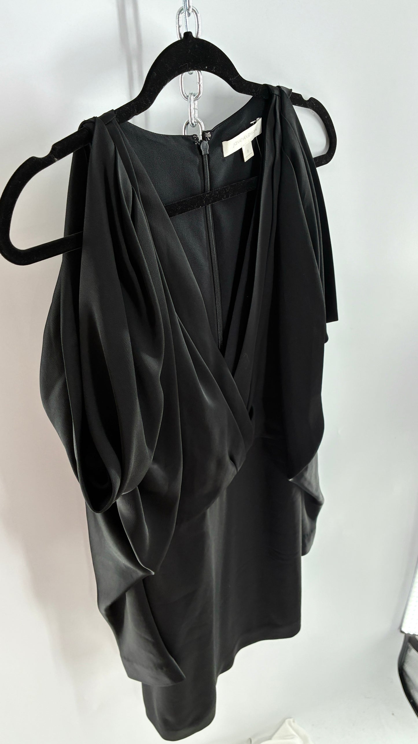 JONATHAN SIMKHAI Black Silky Mini Dress with Exaggerated, Draped Cold Shoulders (8)