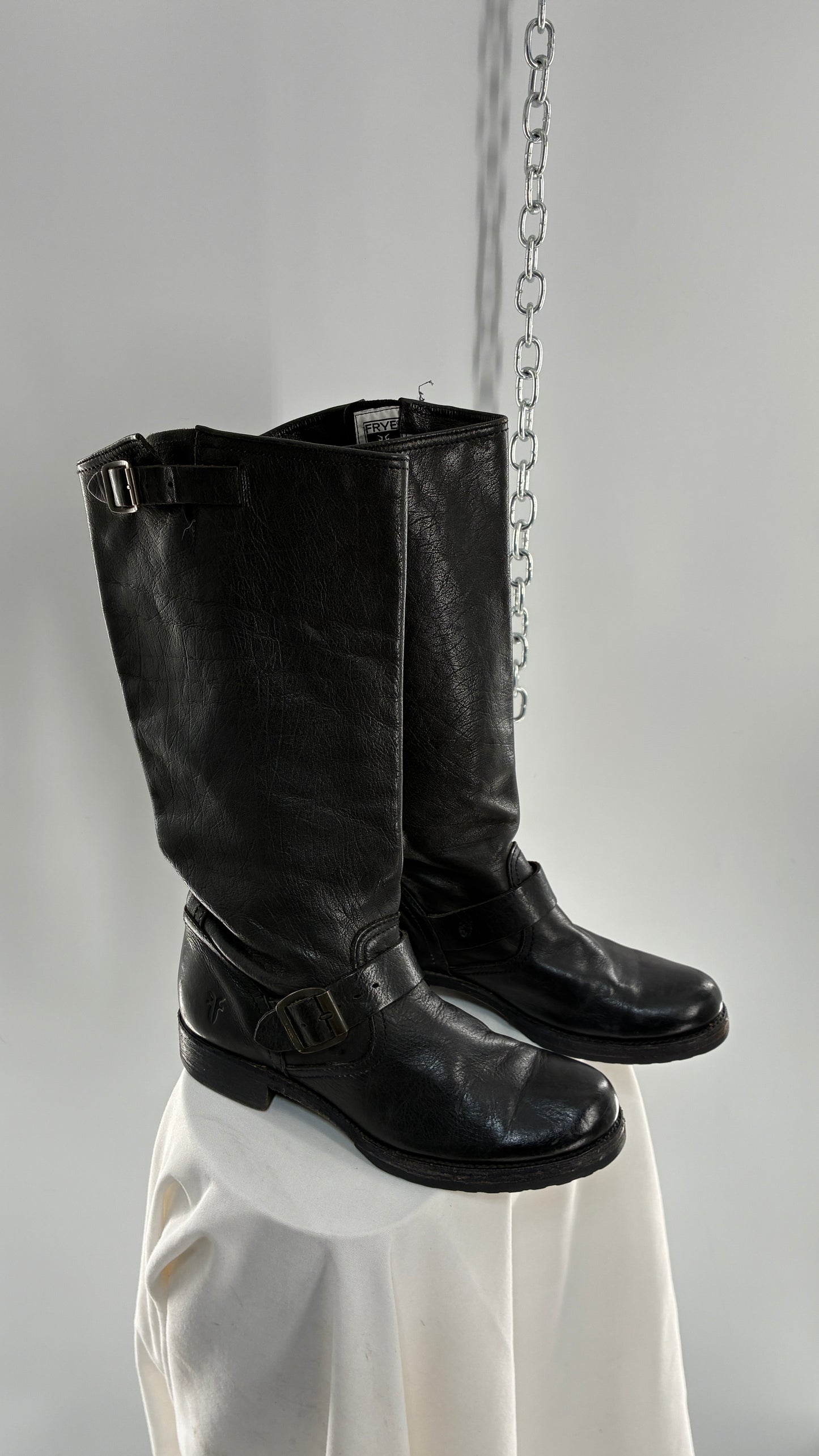 Vintage FRYE Veronica Tumble Shiny Black Leather Slouch Boot (8)