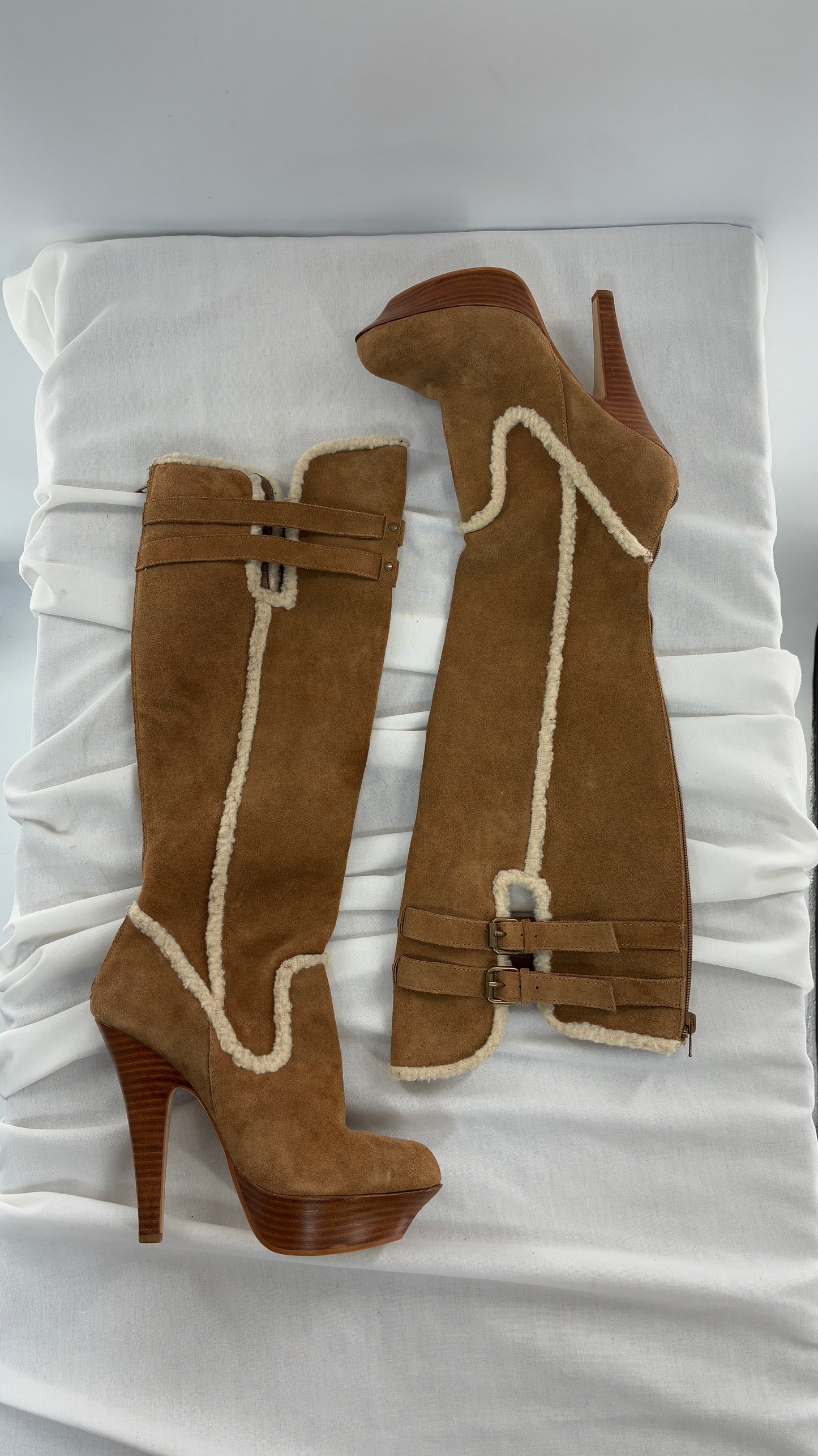 Vintage BEBE Genuine Suede Leather Stiletto, Platform Knee High Boots with Shearling Piping (8B)