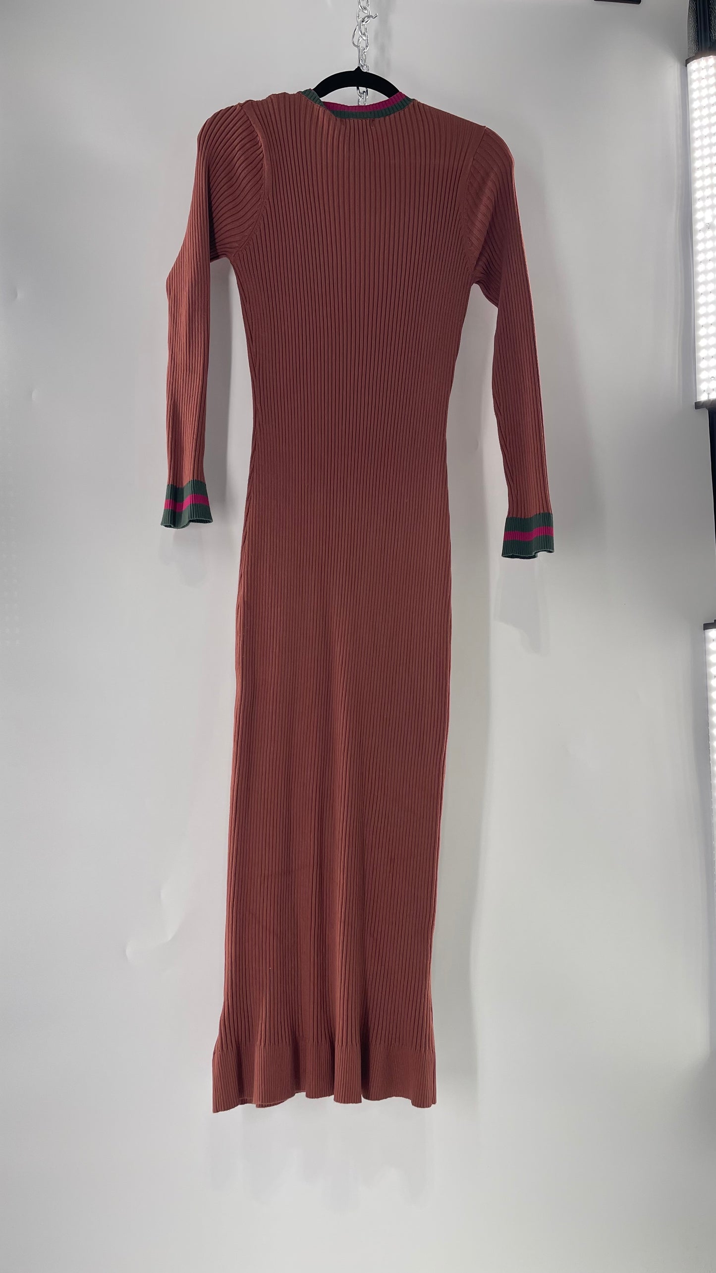 Current Air Los Angeles Brown Ribbed Knit Long Sleeve Button Front Dress with Fuchsia and Forest Green Striping (XS)