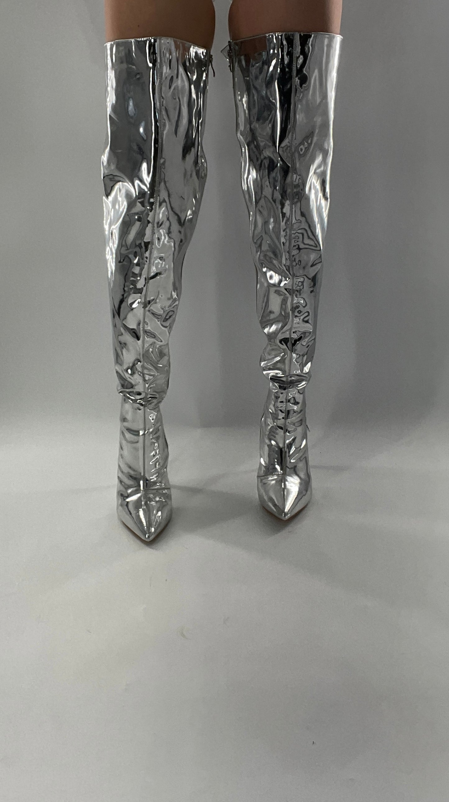 Vintage Chrome Platinum Mirrored Thigh High Molten Metal Sky High Boots Space Cadet/Concert (7)