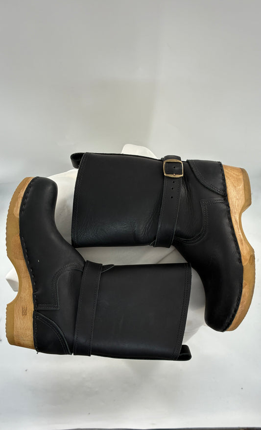 Vintage SVEN Swedish Thick Leather Black Clog Boots with Wooden Sole (38)