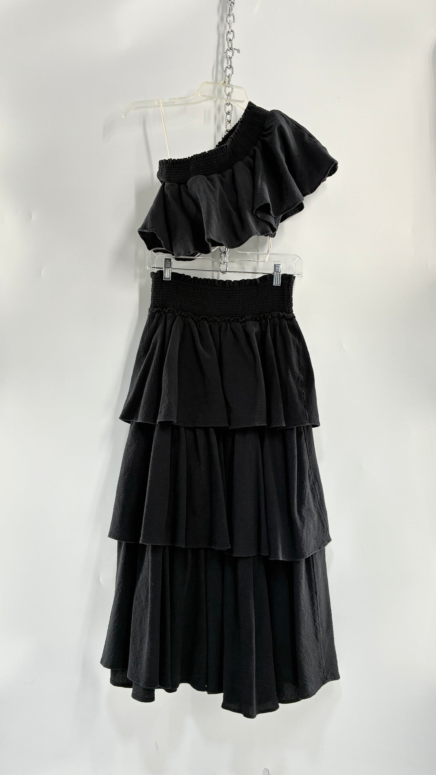 Free People Black Ruffled One Shoulder Top and Ruffled Full Length Skirt Set (XS/S)