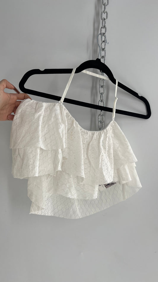HOPLUN Voluminous White Lace Ruffled Halter Bandeau (XL)